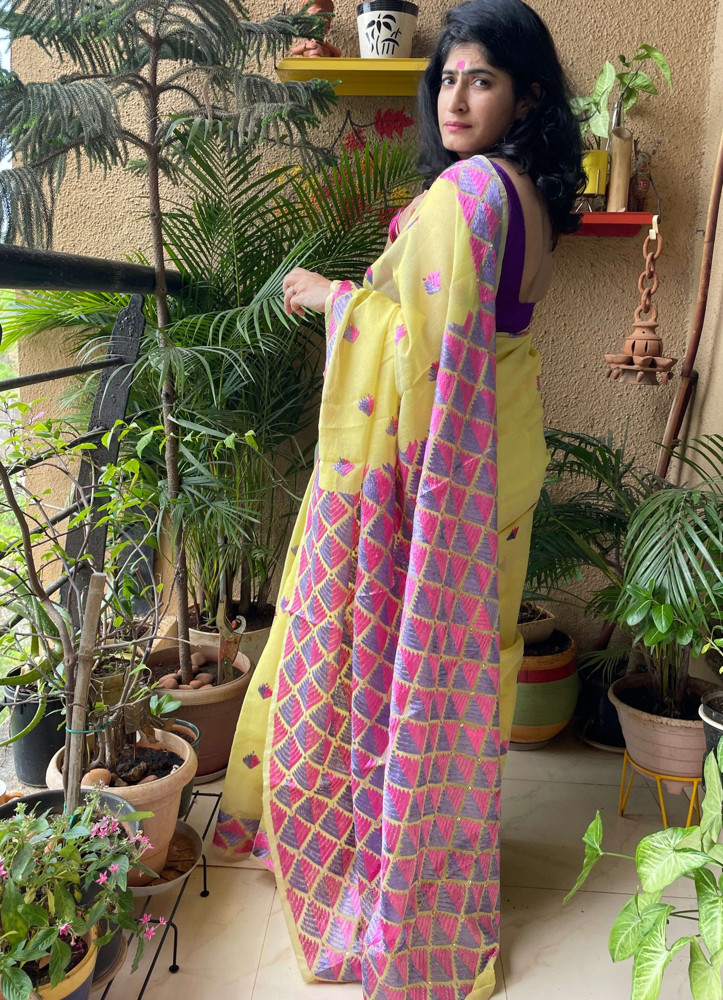 Yellow Phulkari embroidery Saree