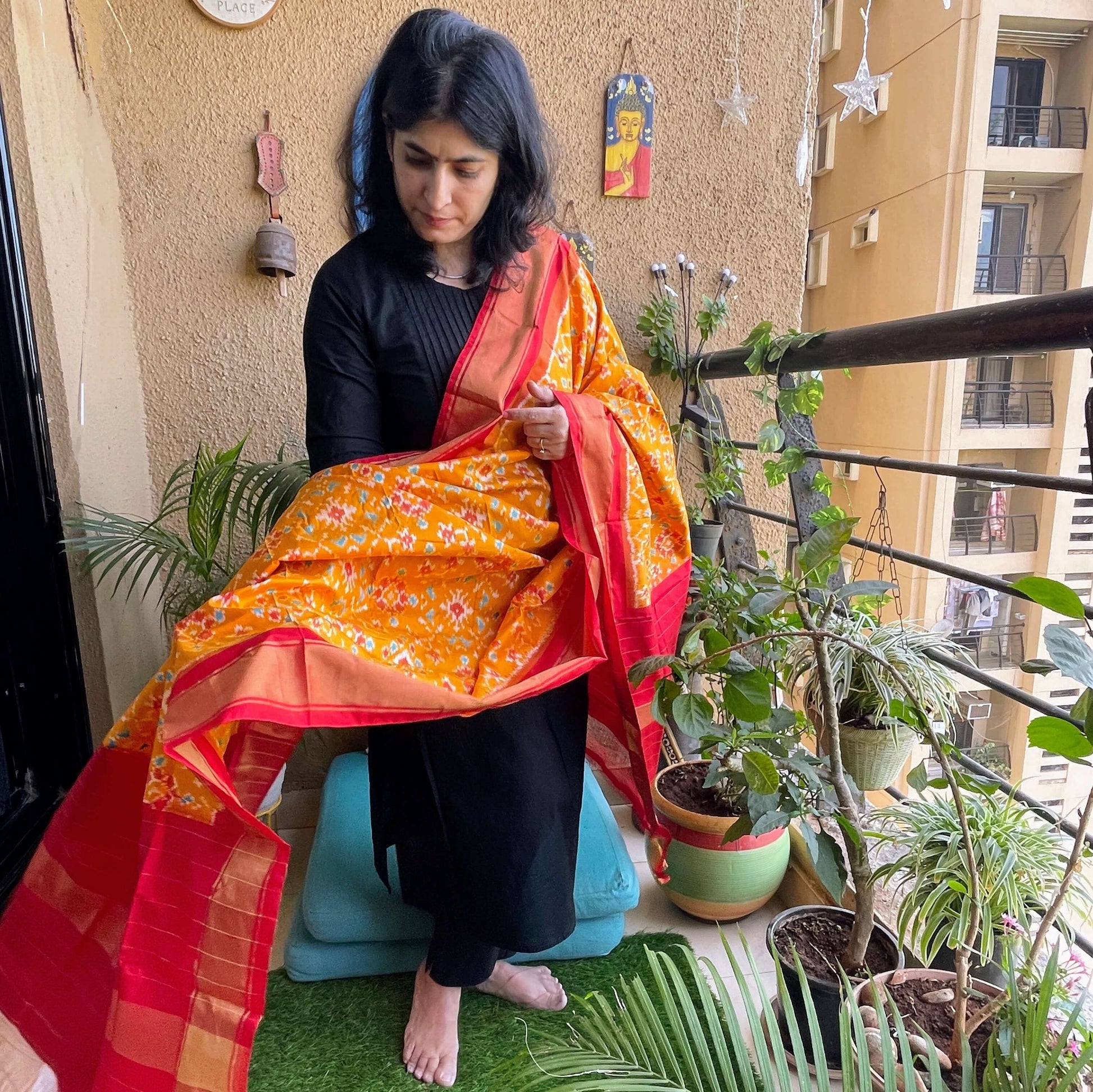 yellow silk ikat dupatta pochampally