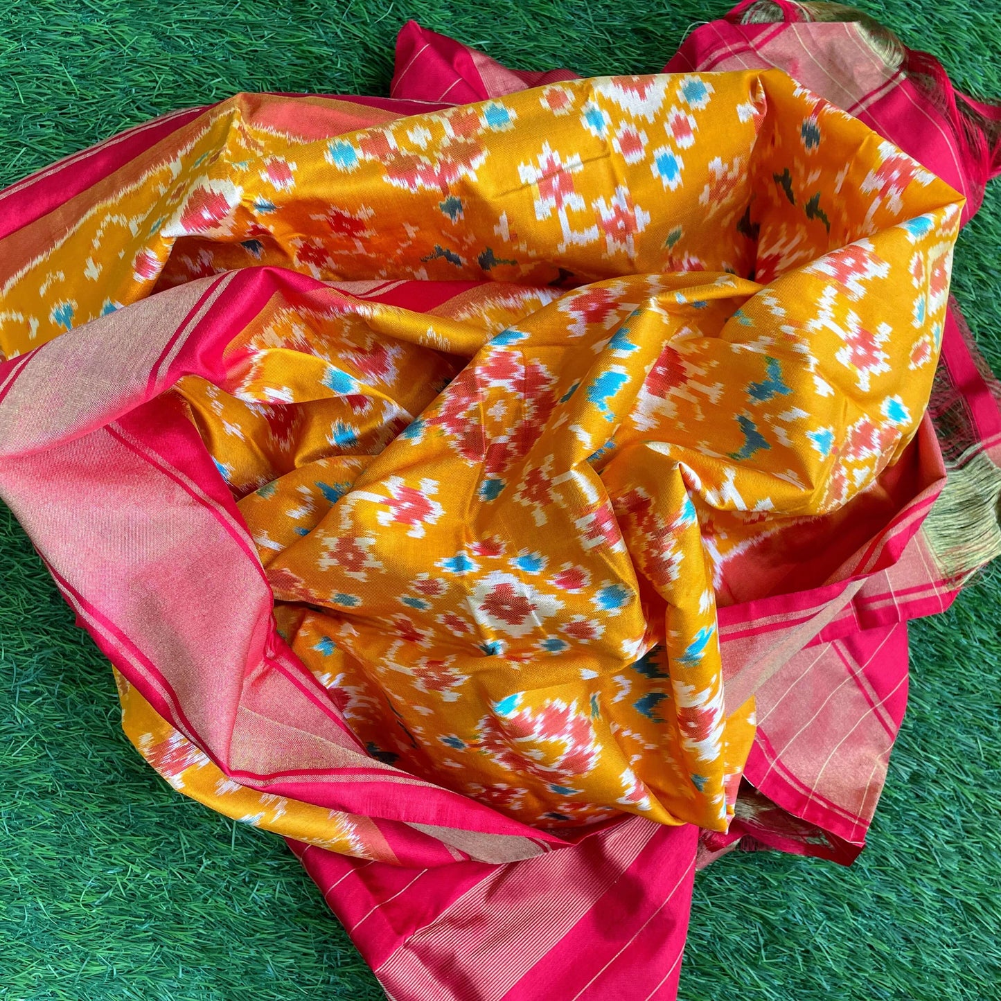 yellow silk ikat dupatta pochampally