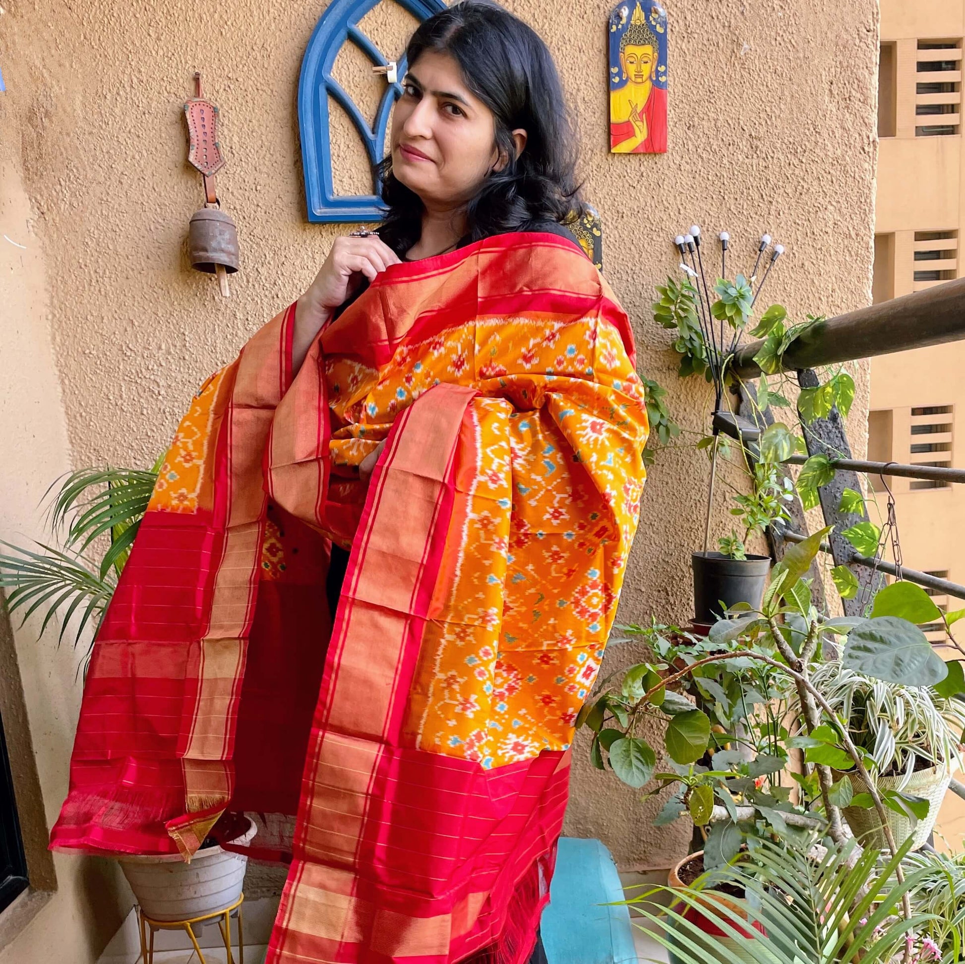 yellow silk ikat dupatta pochampally