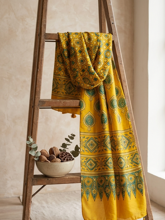 Sunshine Yellow Ajrakh silk Stole I Handcrated