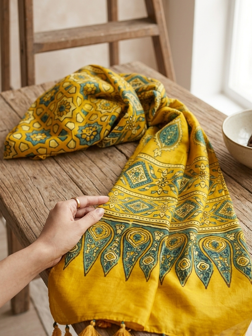 Sunshine Yellow Ajrakh silk Stole I Handcrated