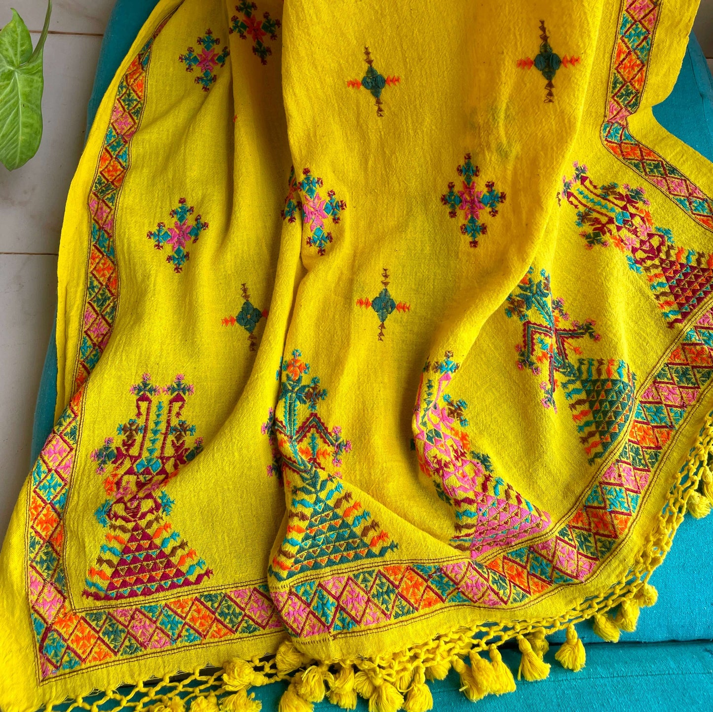 Soof Embroidery Kala cotton yellow saree