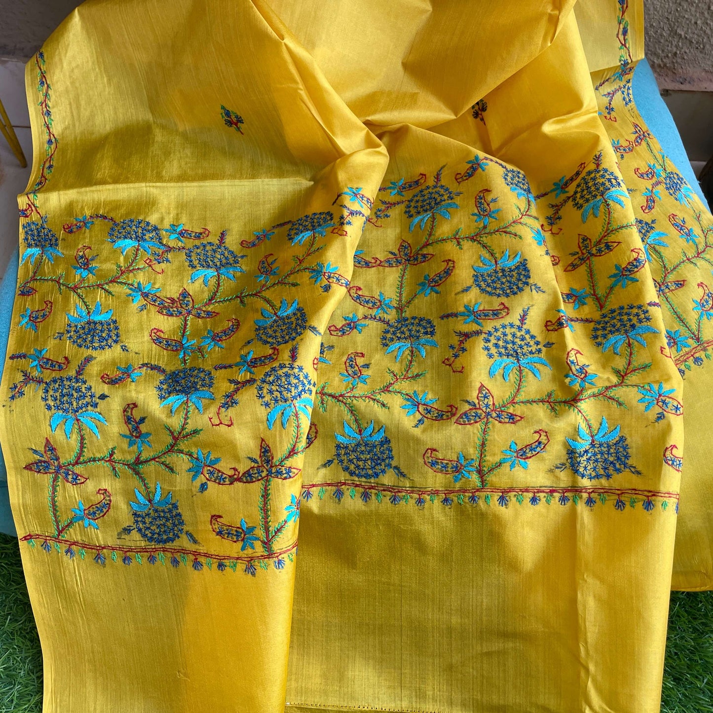 Yellow Silk Sozni kashmiri saree