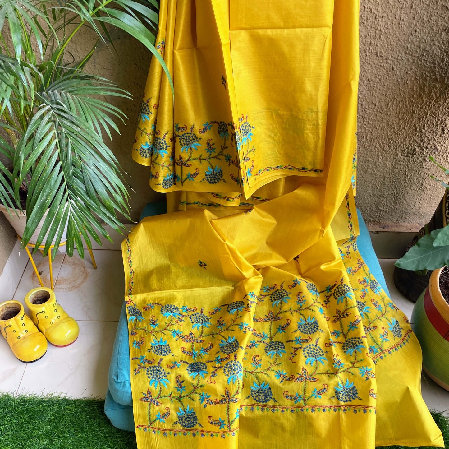 Yellow Silk Sozni kashmiri saree