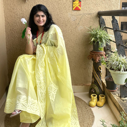 Yellow Applique Cotton Saree