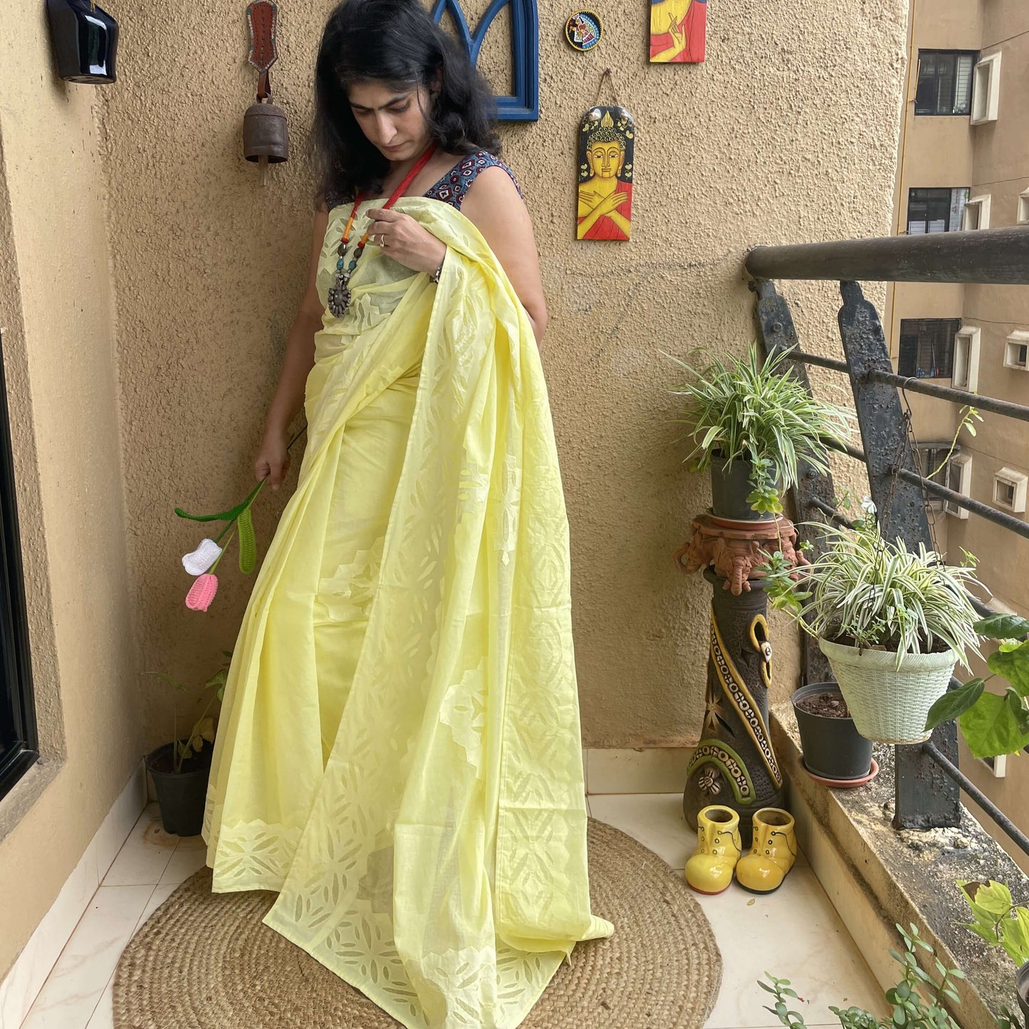 Yellow Applique Cotton Saree