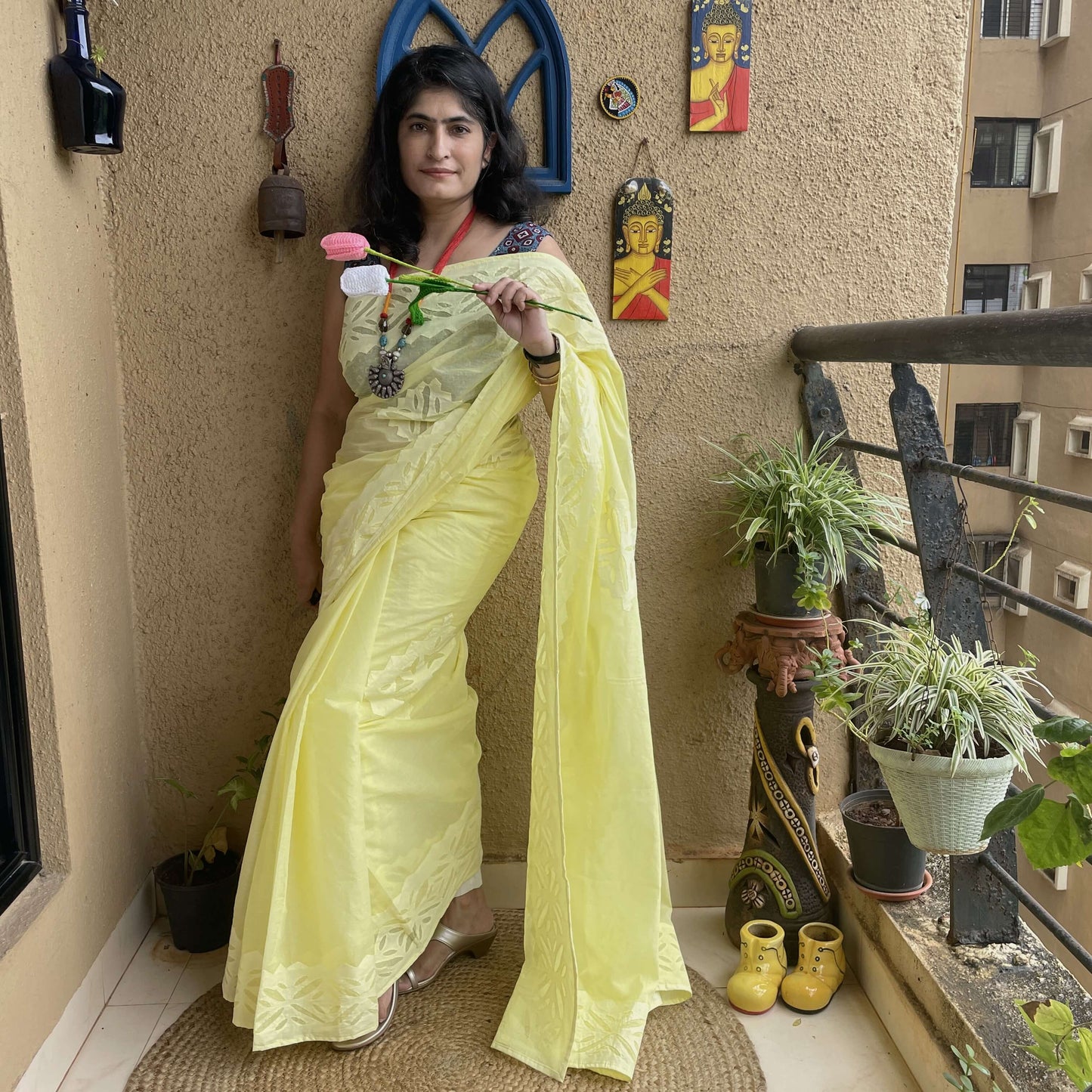 Yellow Applique Cotton Saree