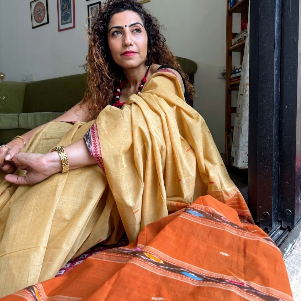 Lemon yellow Dobby ikkat cotton Saree | handwoven