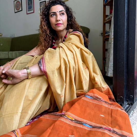 Lemon yellow Dobby ikkat cotton Saree | handwoven