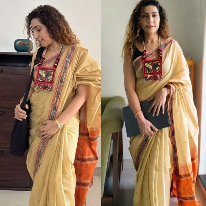 Lemon yellow Dobby ikkat cotton Saree | handwoven