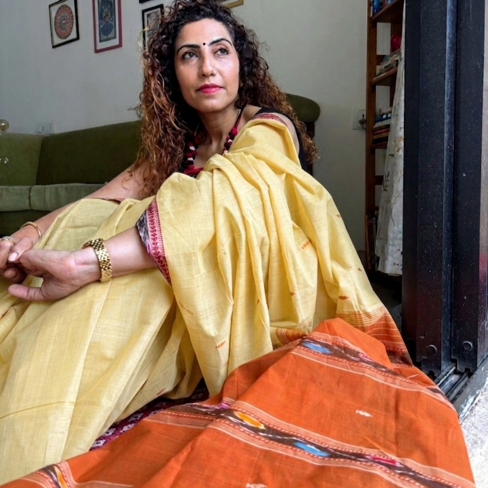 Lemon yellow Dobby ikkat cotton Saree | handwoven