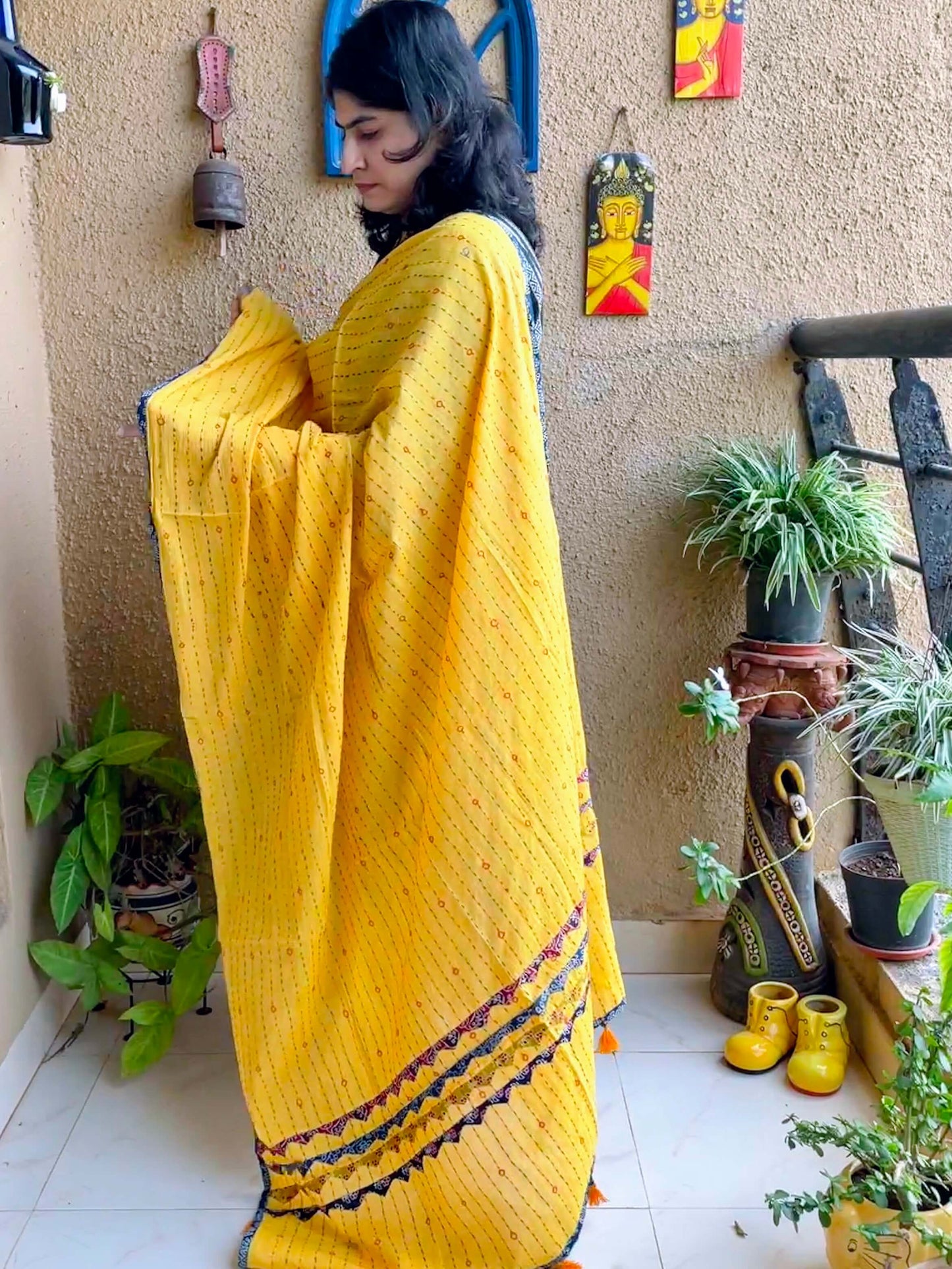 yellow kantha applique dupatta