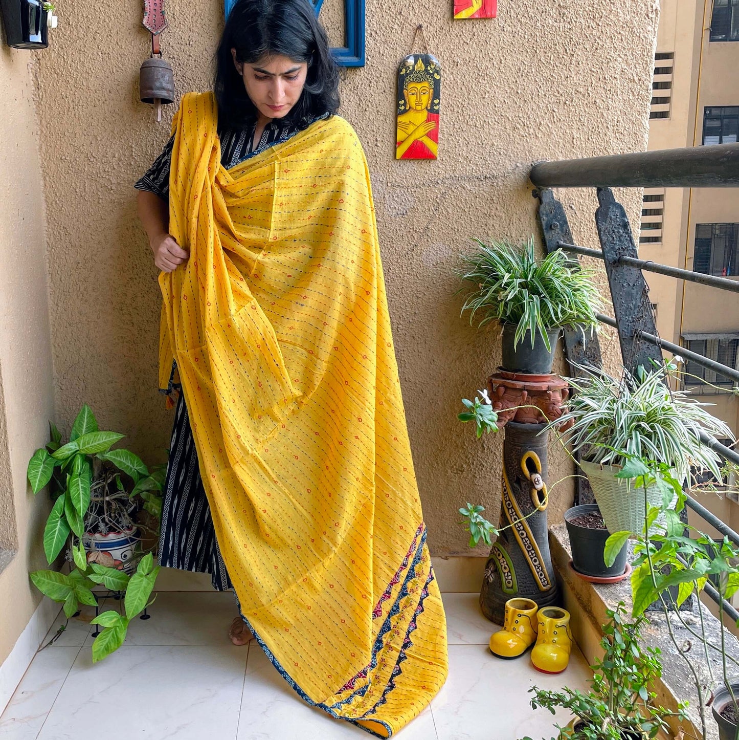 yellow kantha applique dupatta