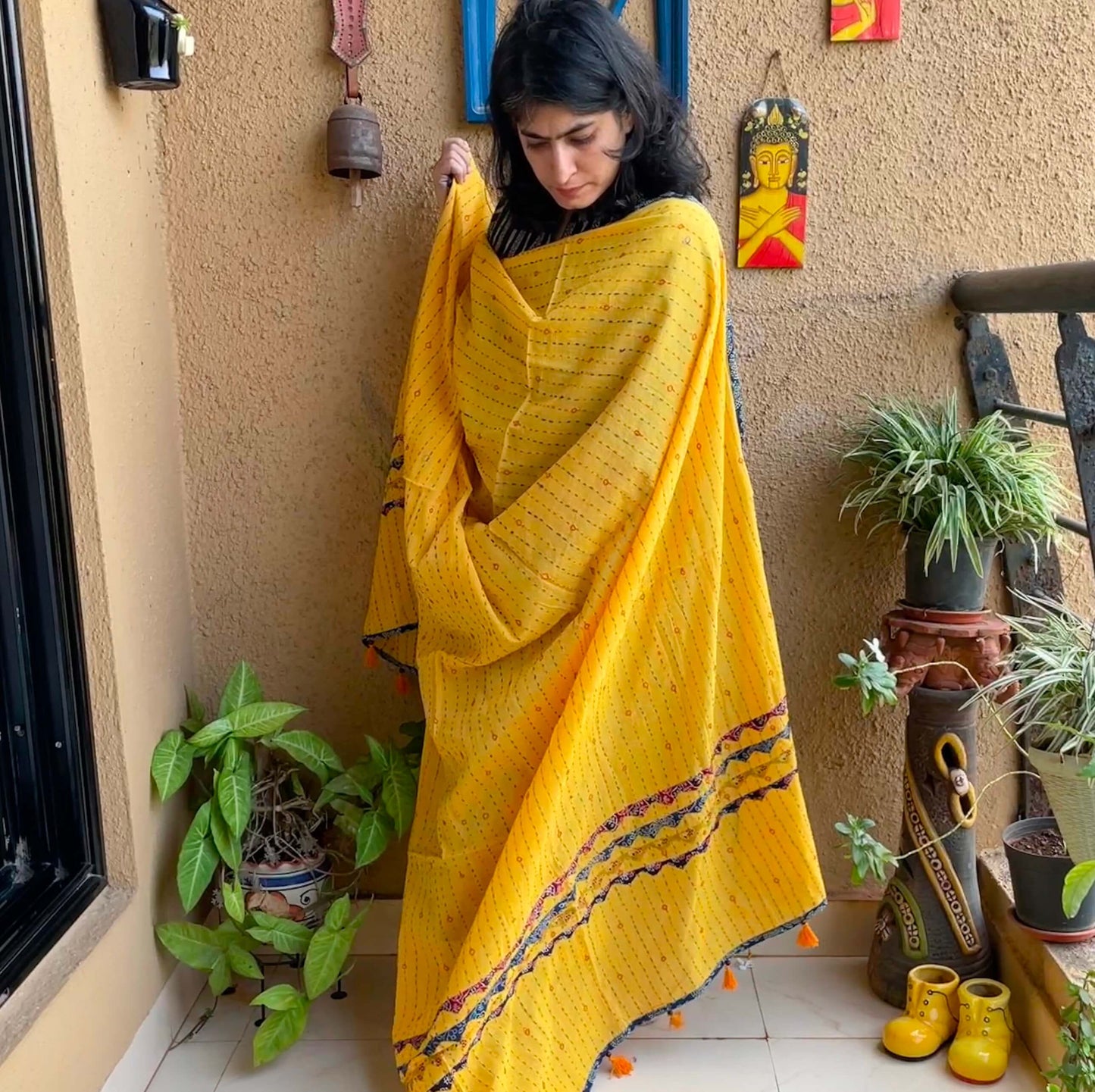 yellow kantha applique dupatta