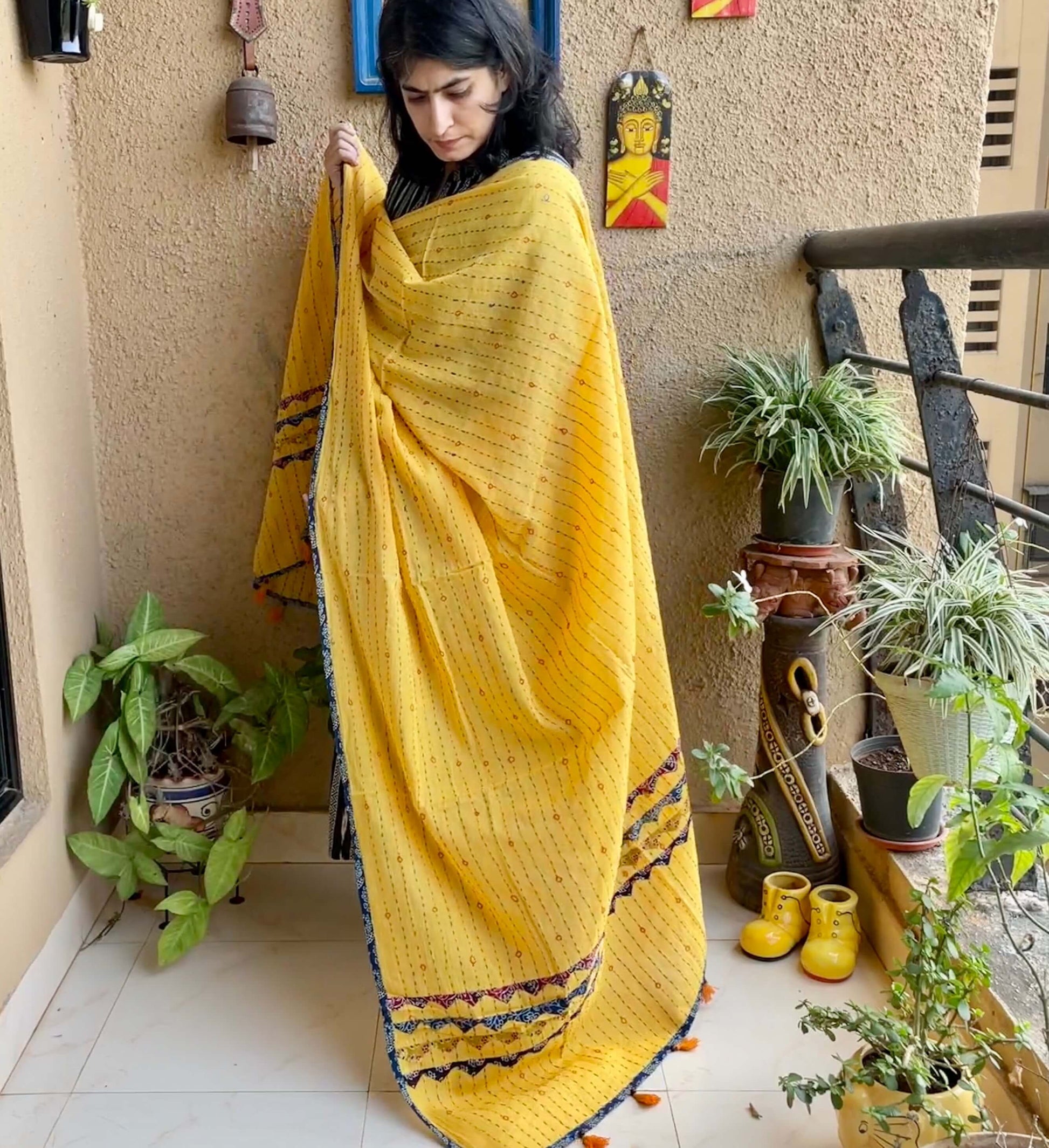 yellow kantha applique dupatta