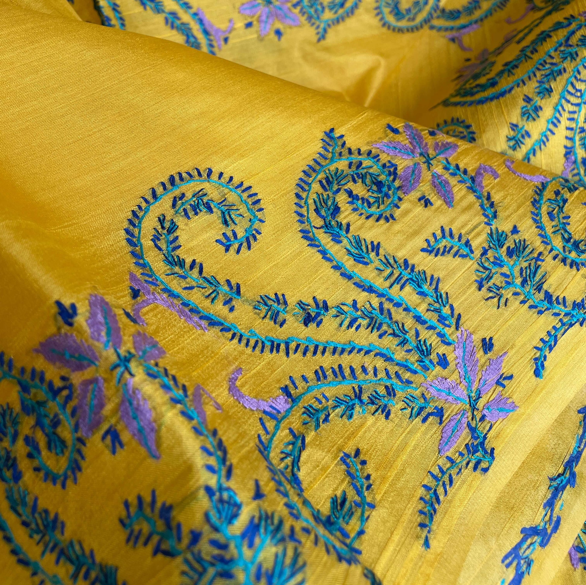 yellow silk sozni saree