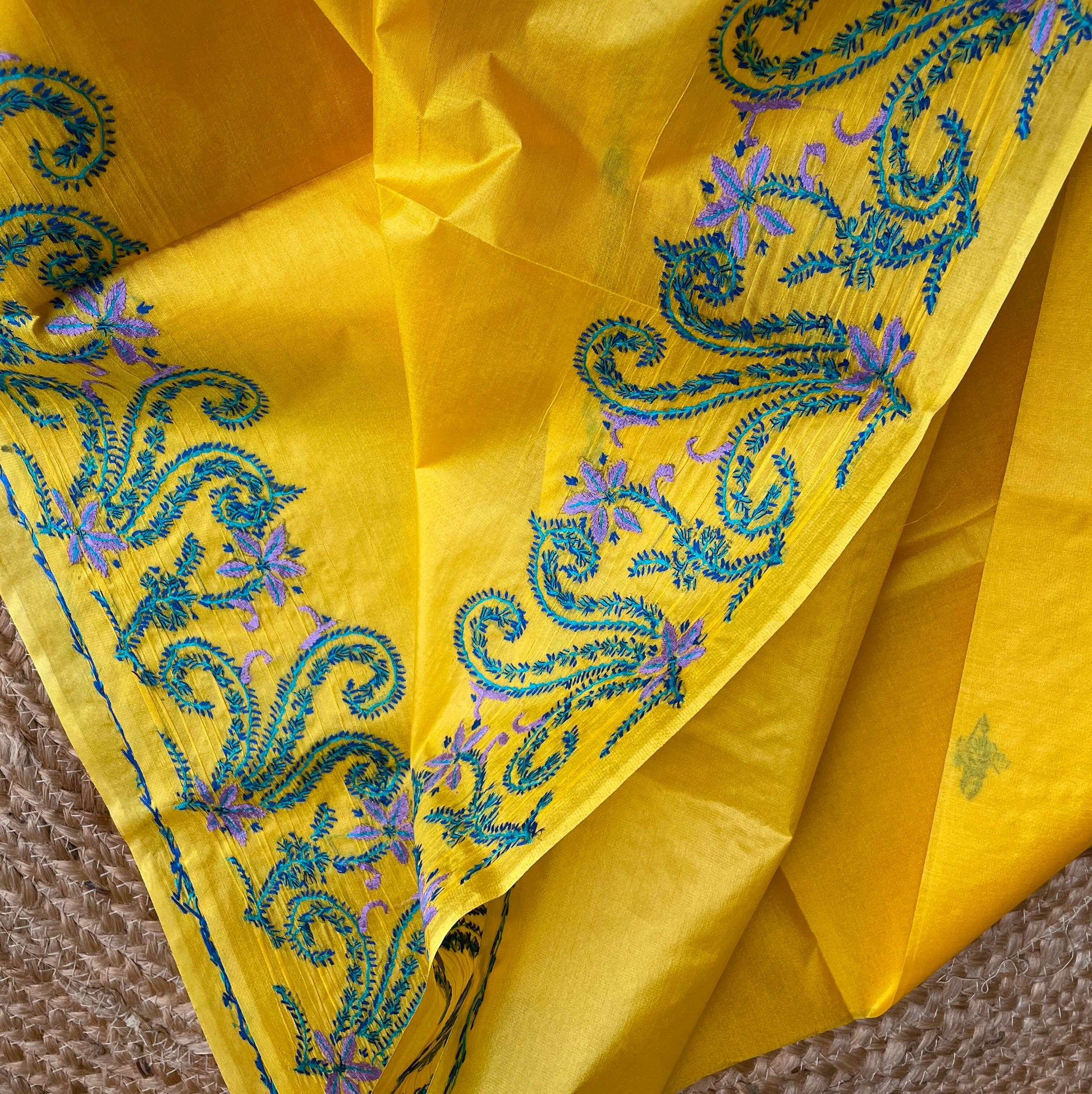 yellow silk sozni saree