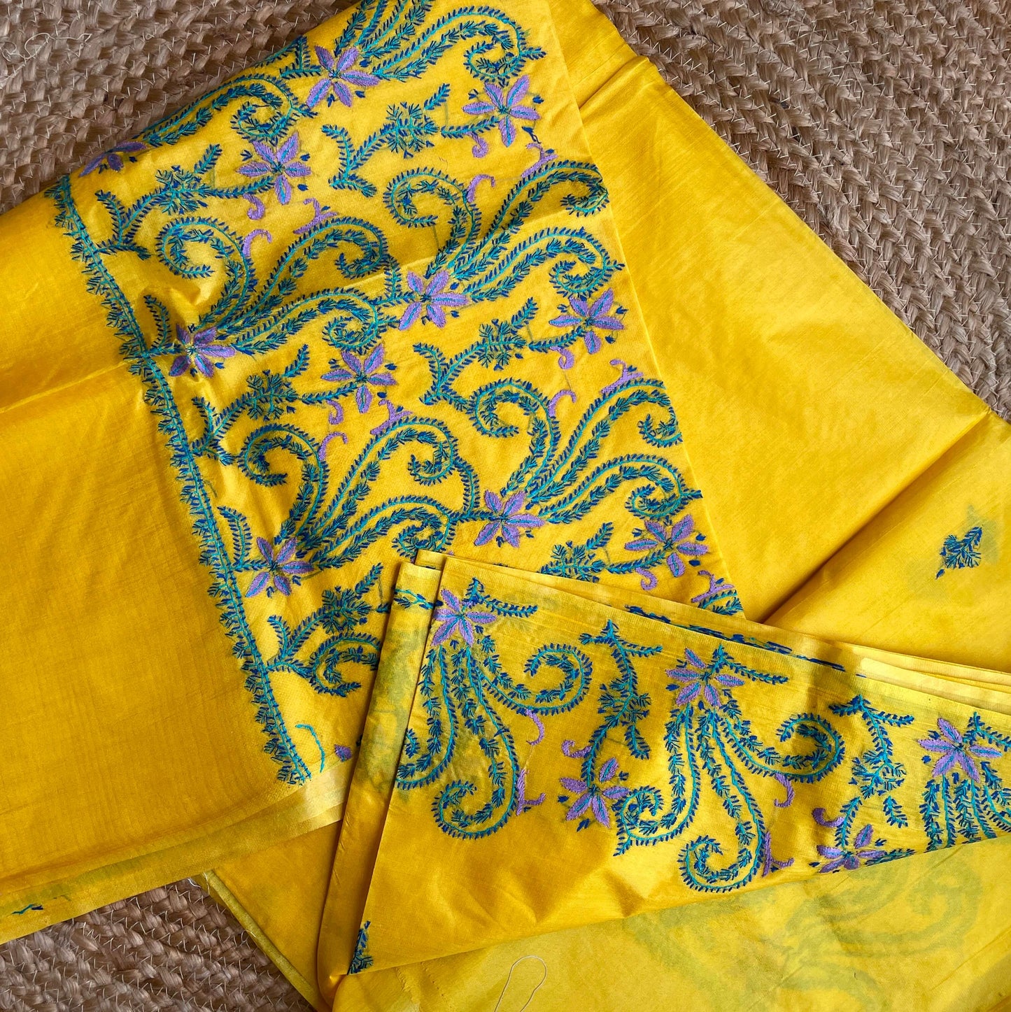 yellow silk sozni saree