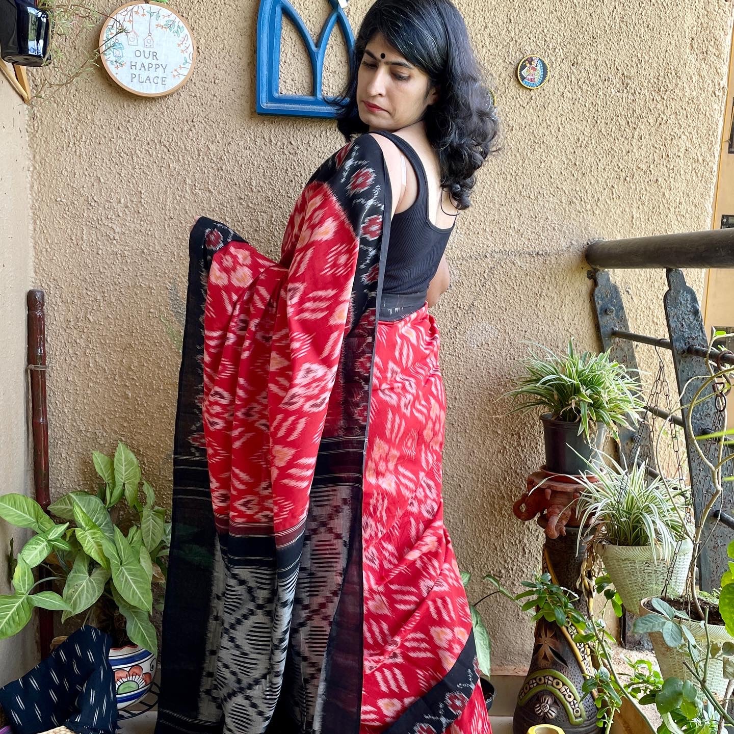 Red Black Pochampally Ikat cotton
