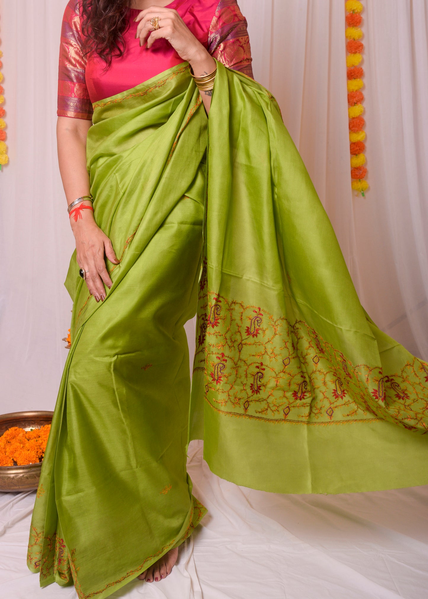 Green sozni work kashmiri silk saree