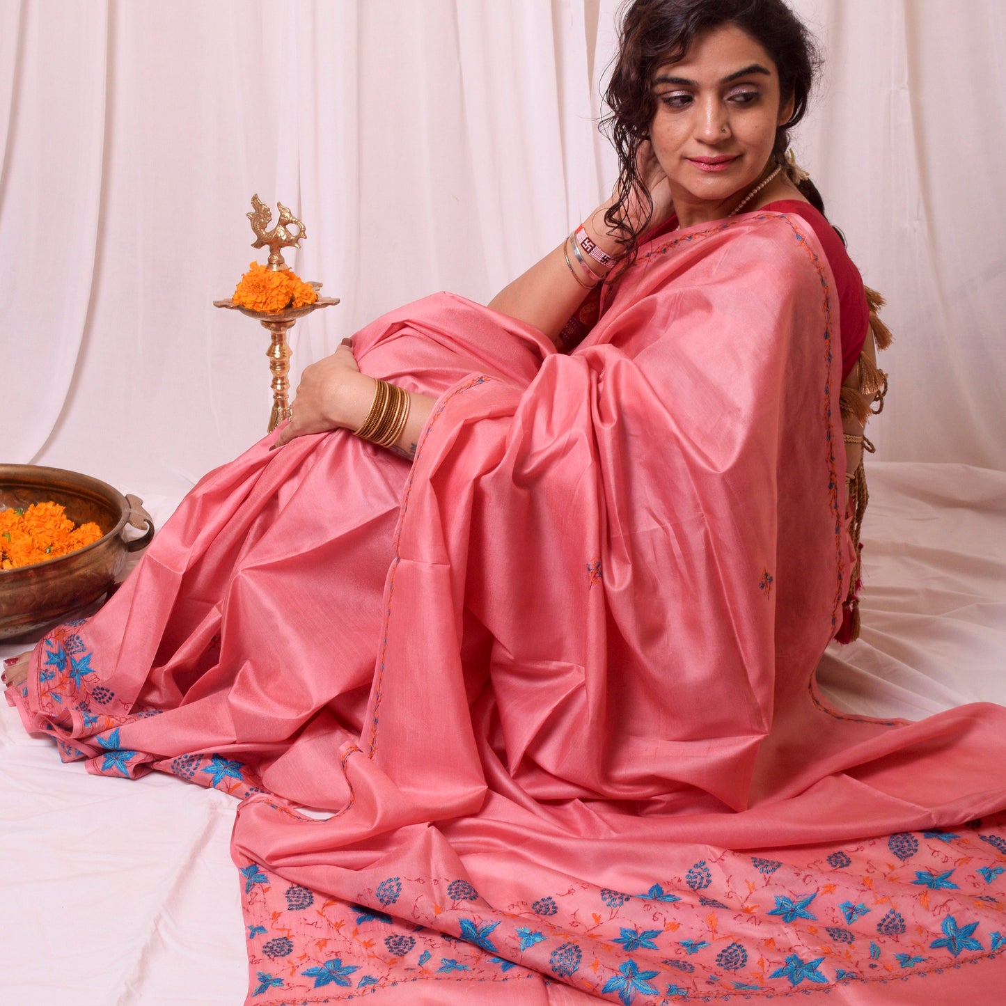Pink sozni work kashmiri silk saree