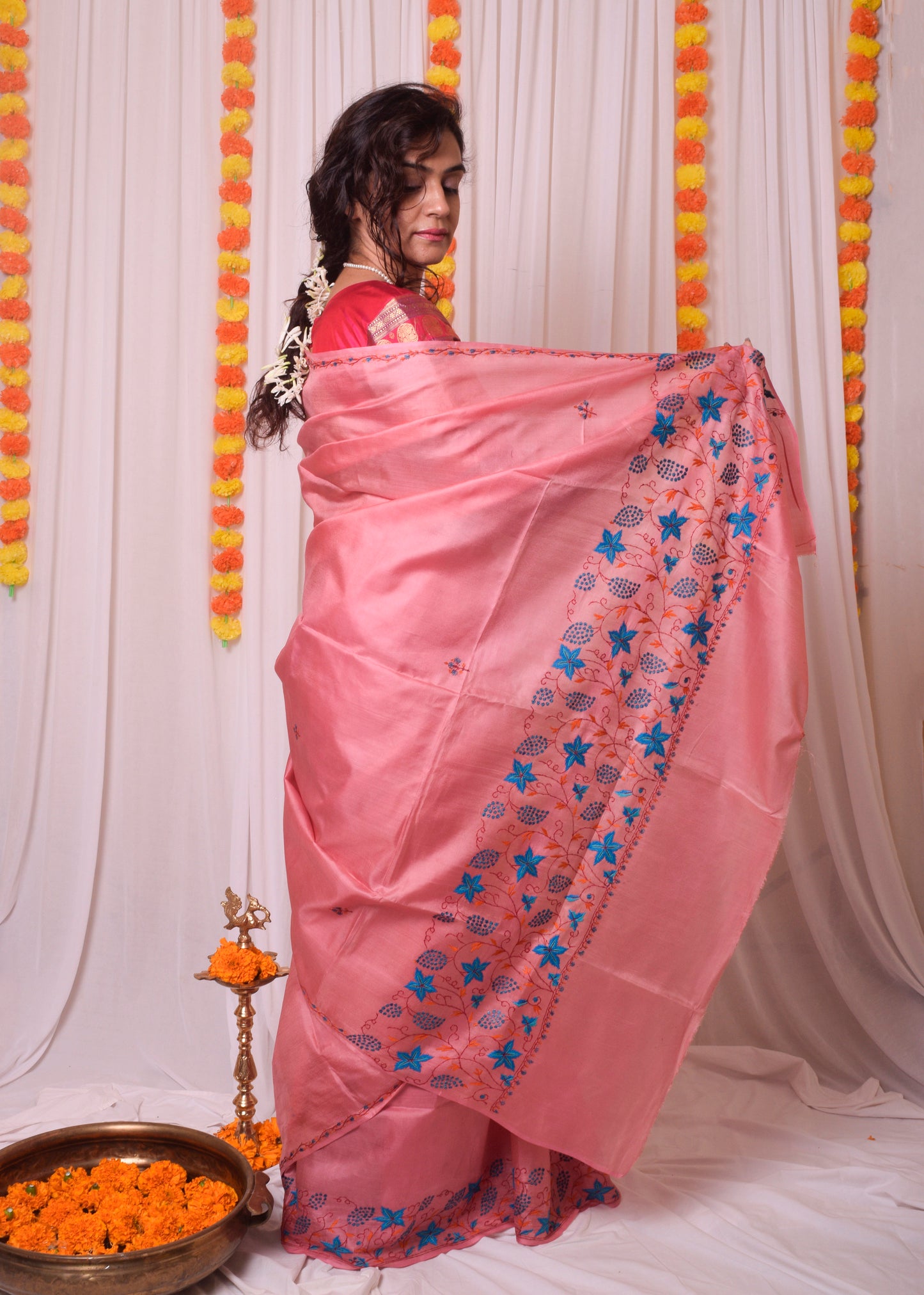Pink sozni work kashmiri silk saree