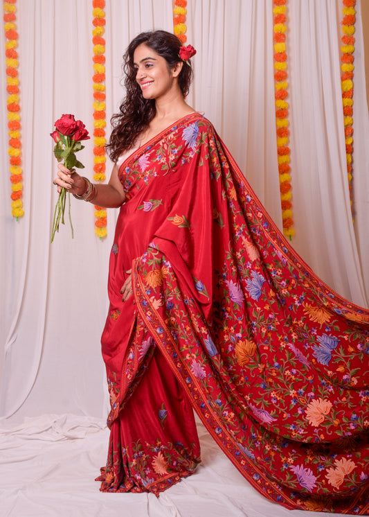 Red Aari work kashmiri Crepe saree