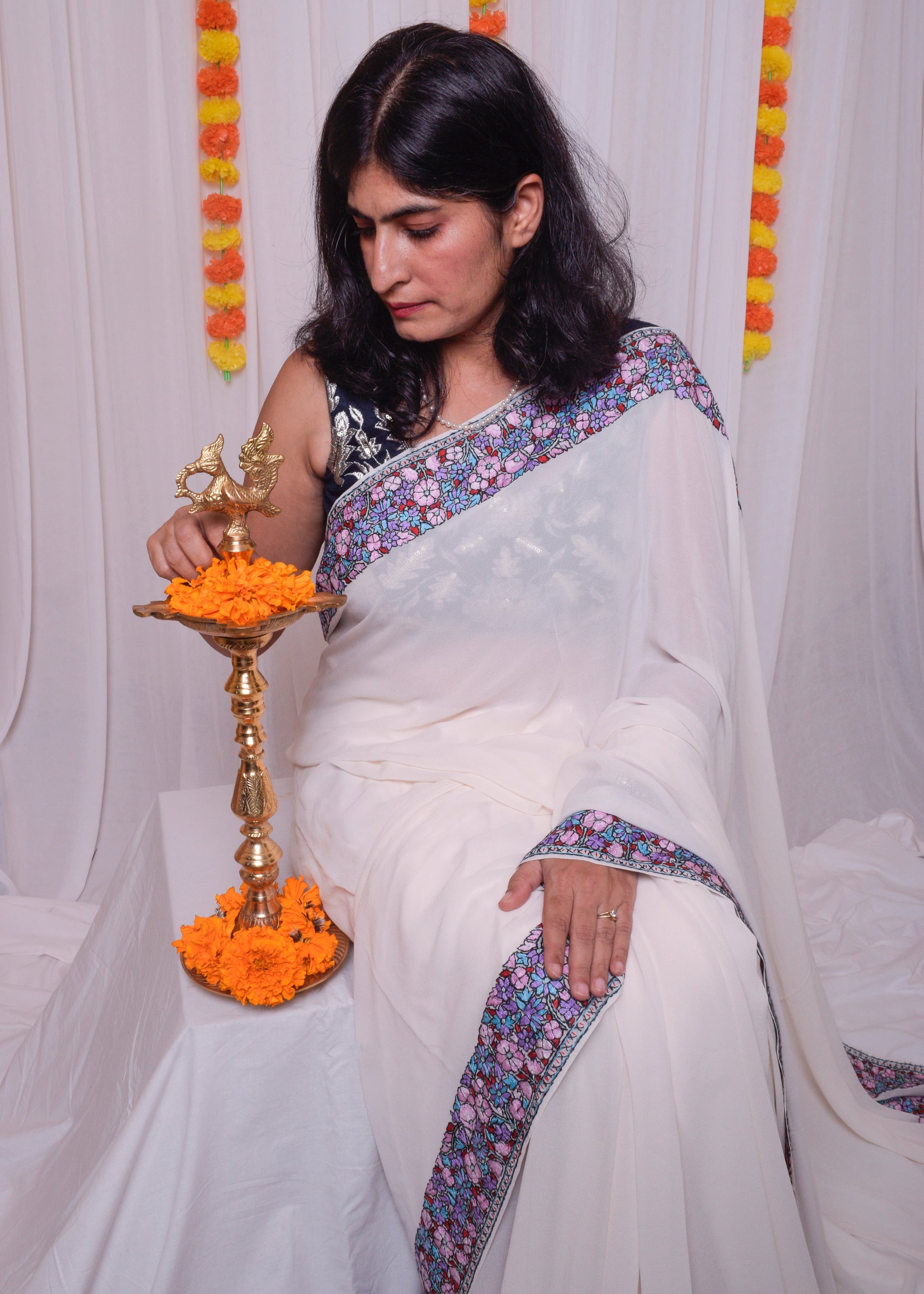 Ivory white Aari work kashmiri saree
