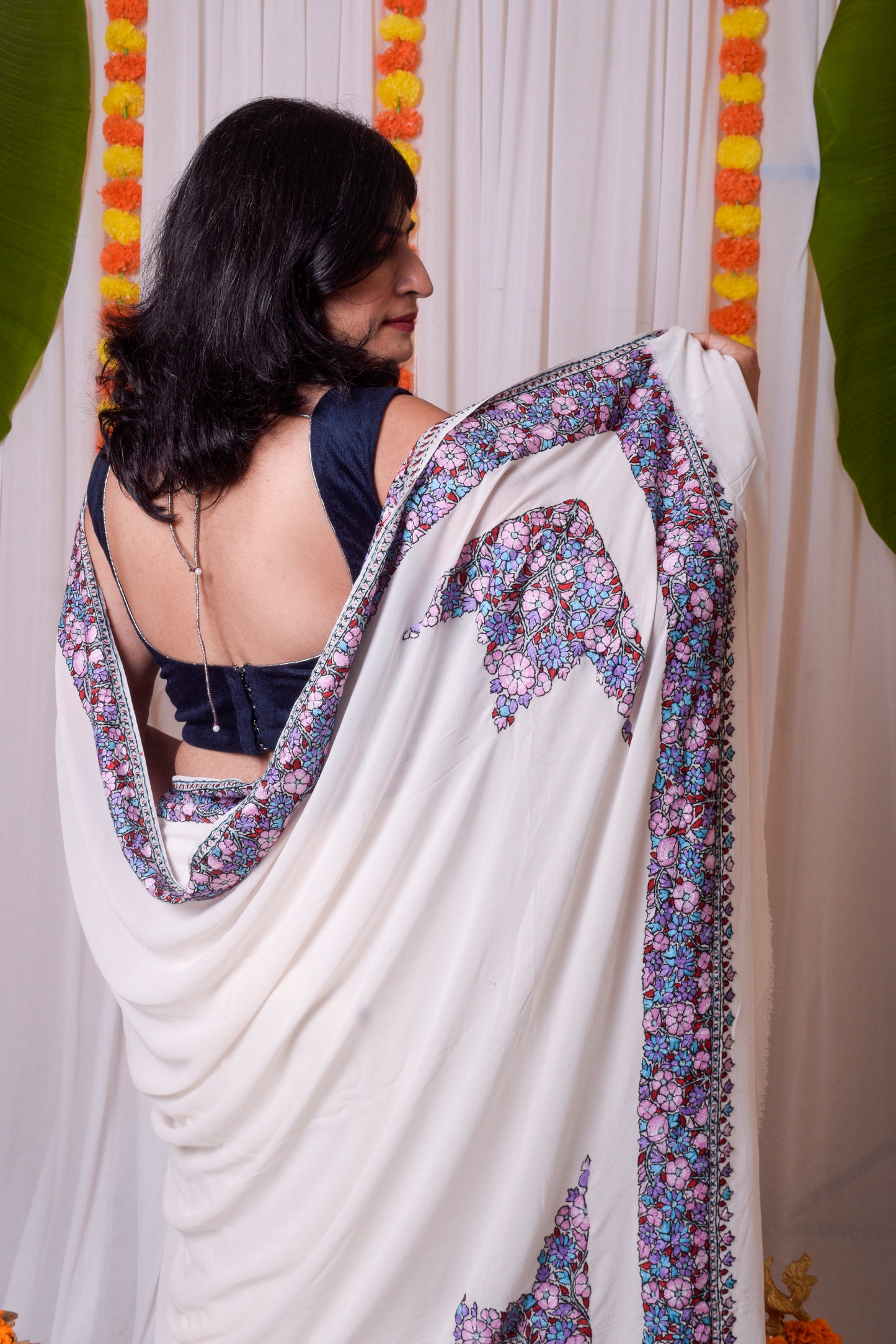 Ivory white Aari work kashmiri saree