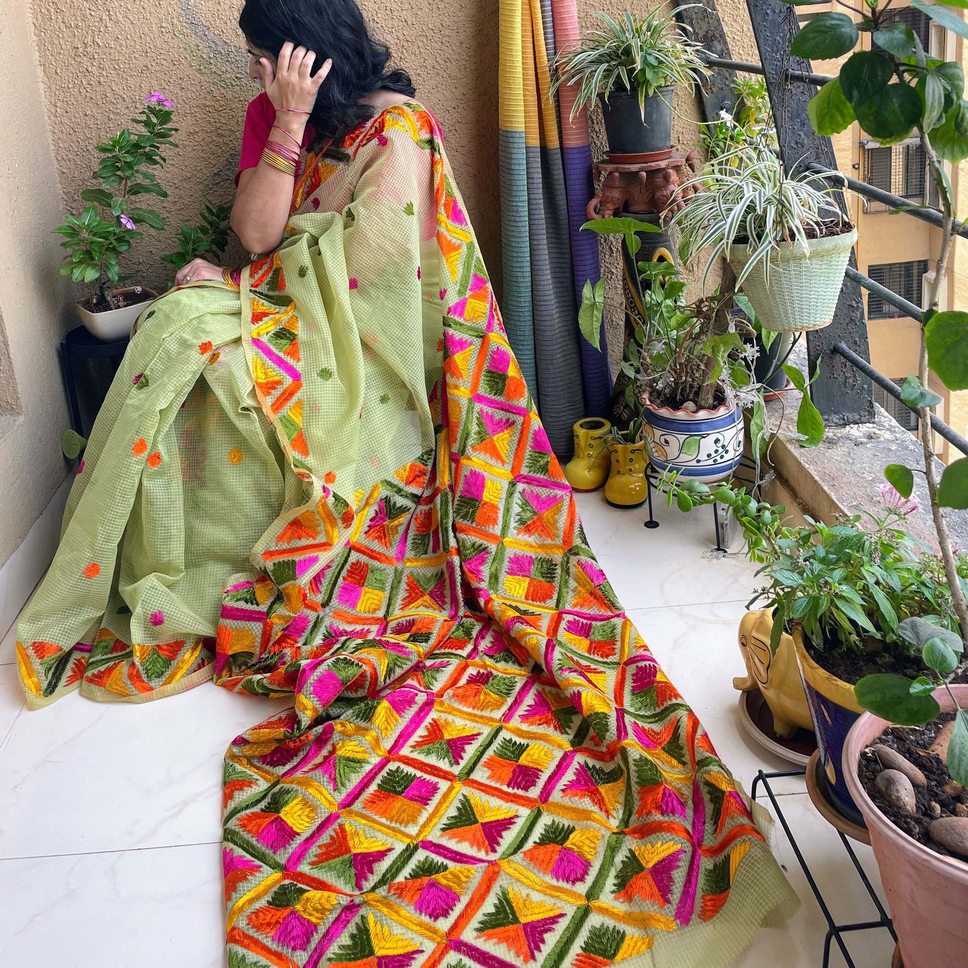 Green Phulkari embroidery Saree – Forsarees