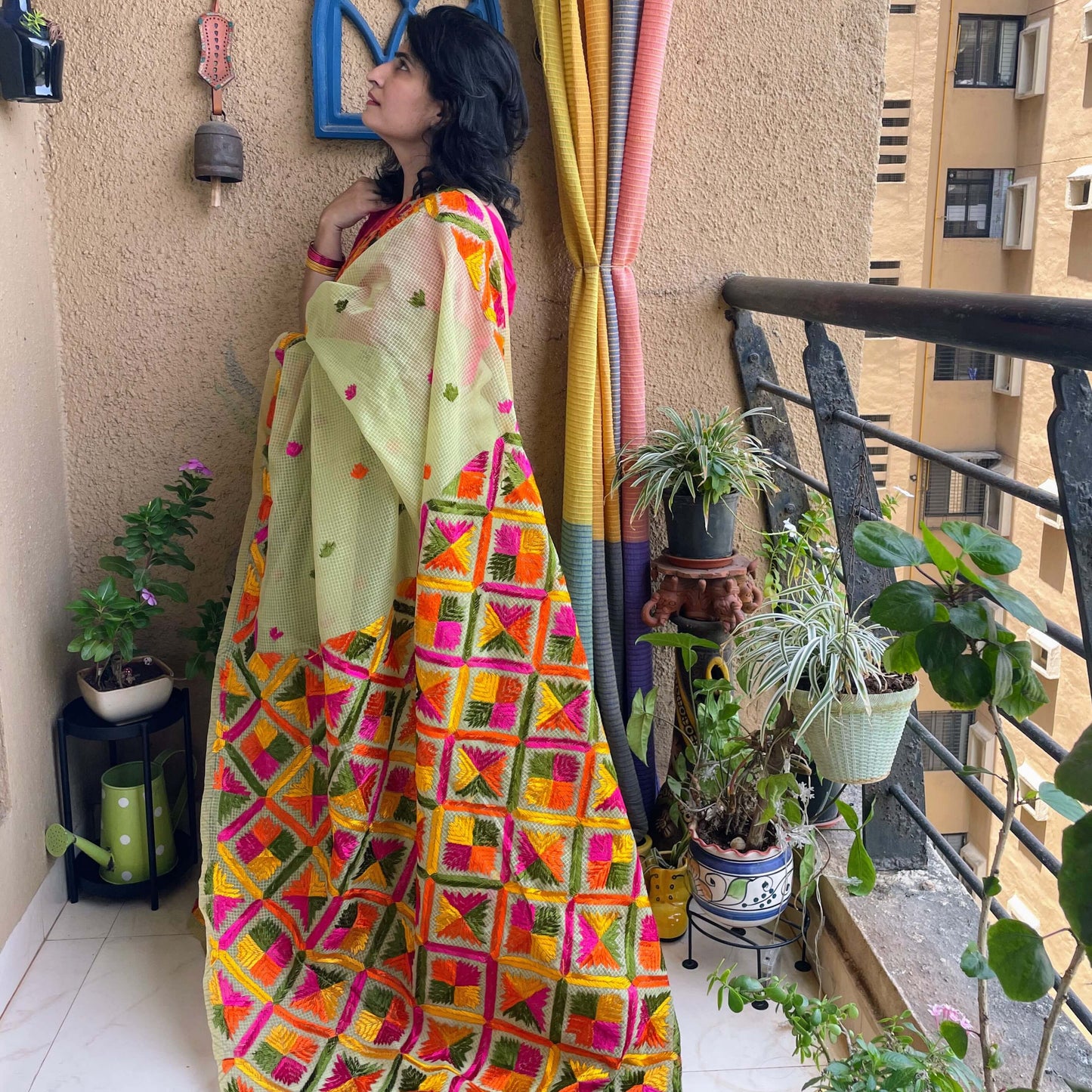 Green Phulkari embroidery Saree