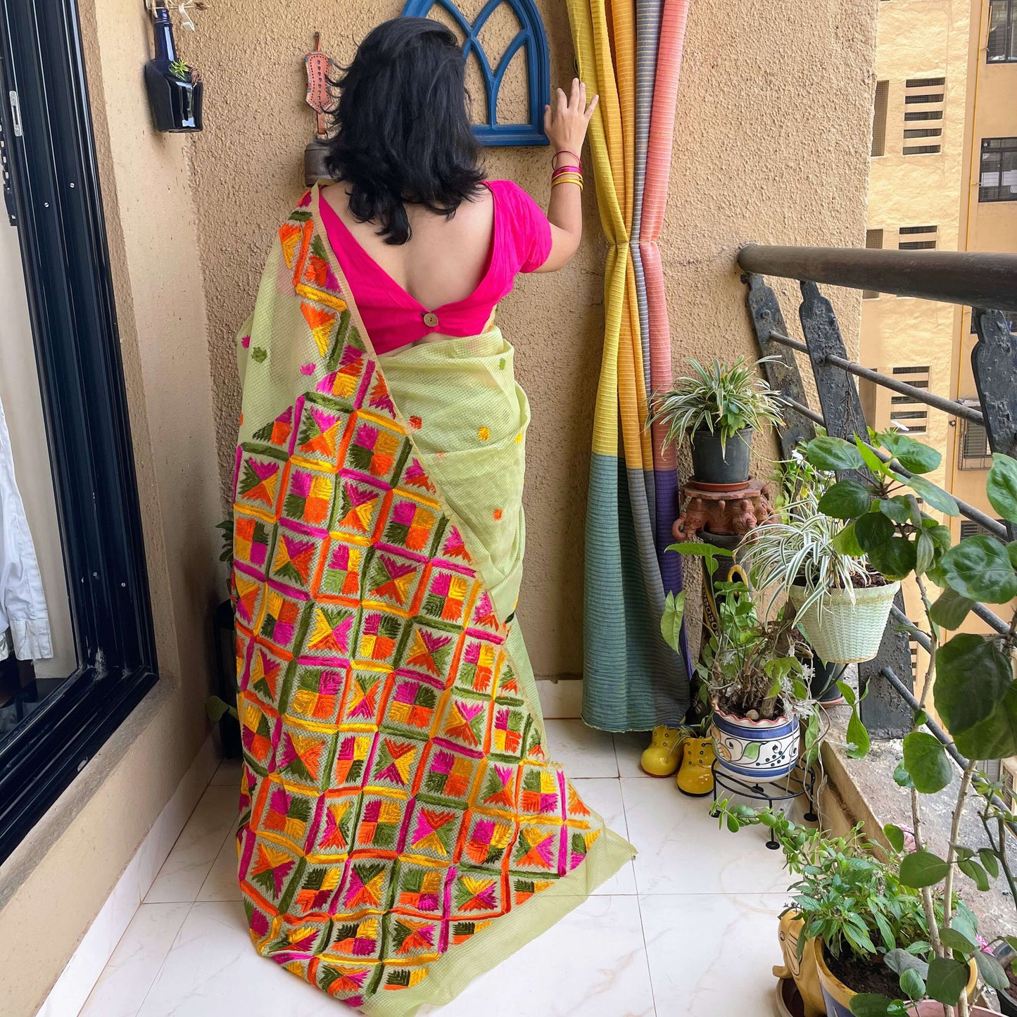 Green Phulkari embroidery Saree