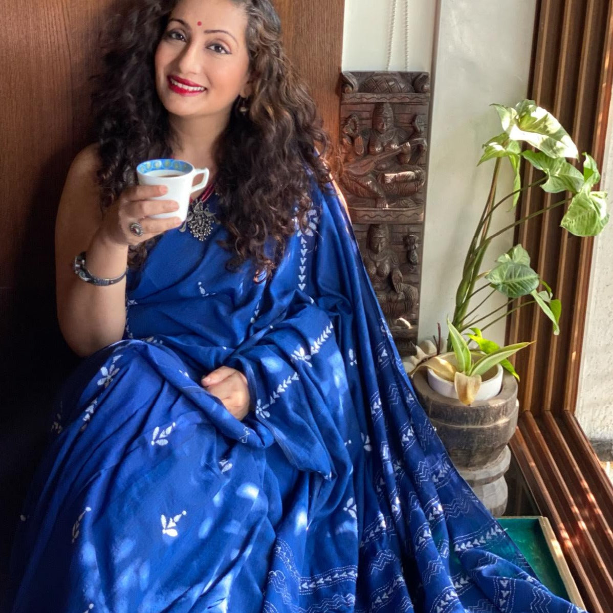 Blue Mul Kantha stitch saree