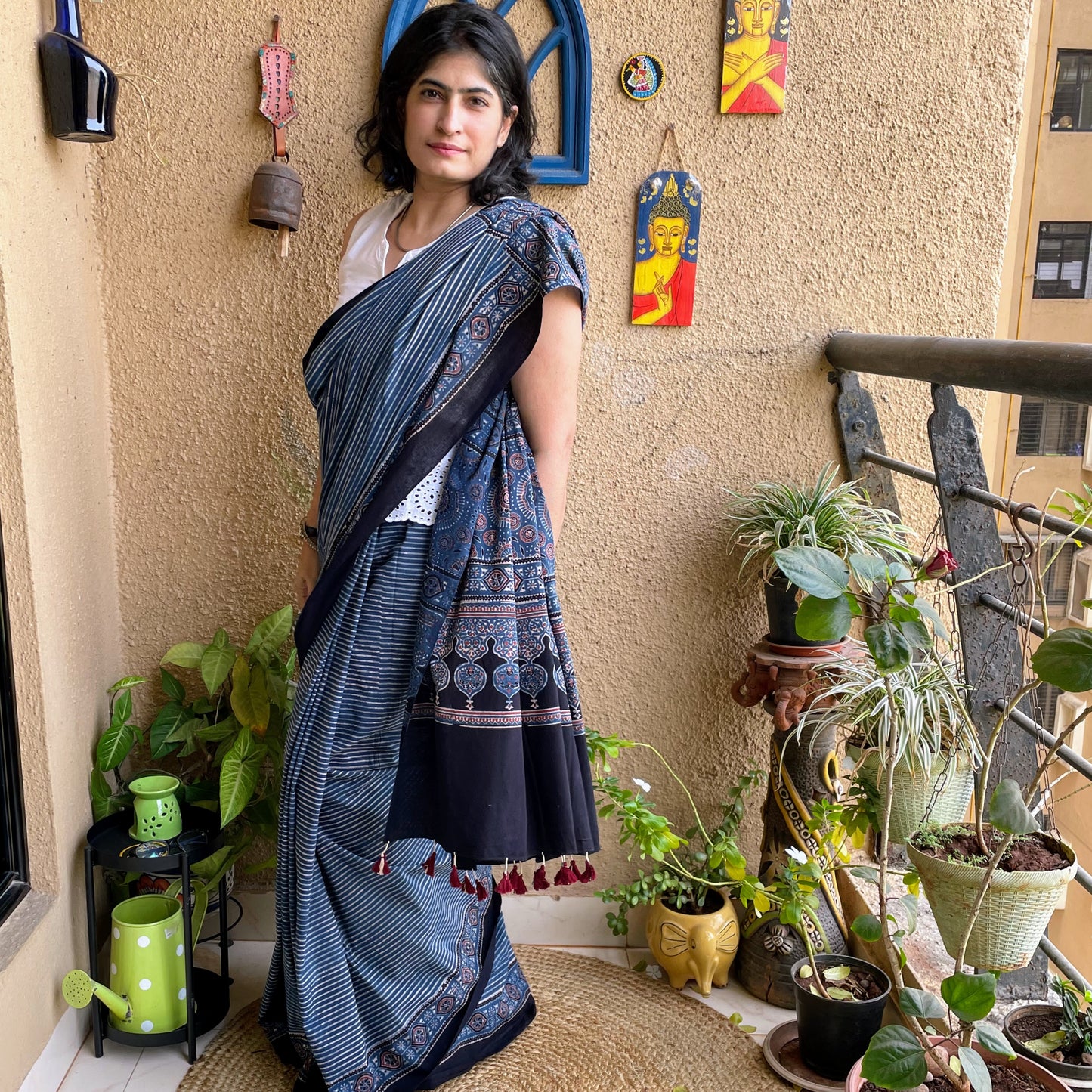 indigo stripe ajrakh saree