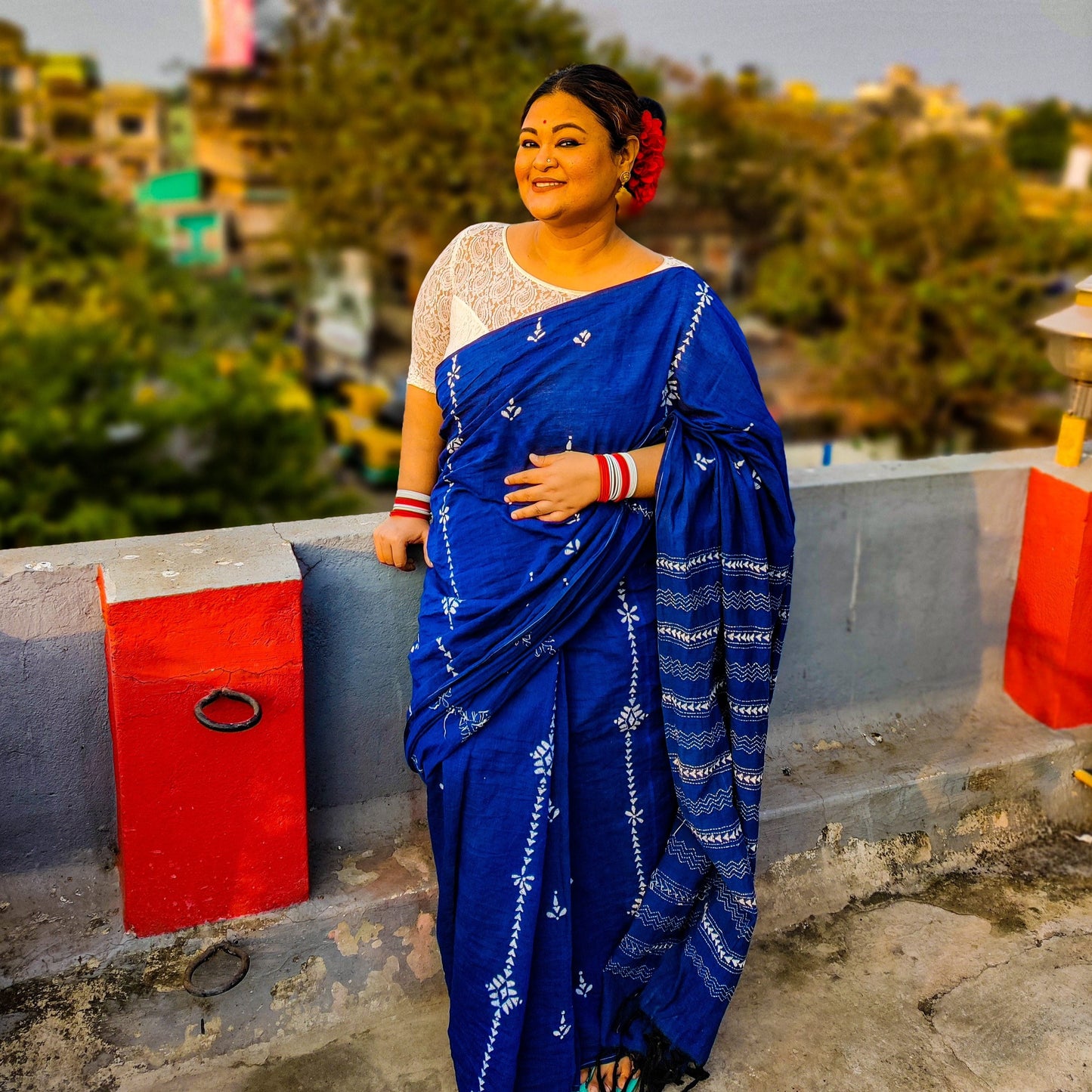 Blue Mul Kantha stitch saree