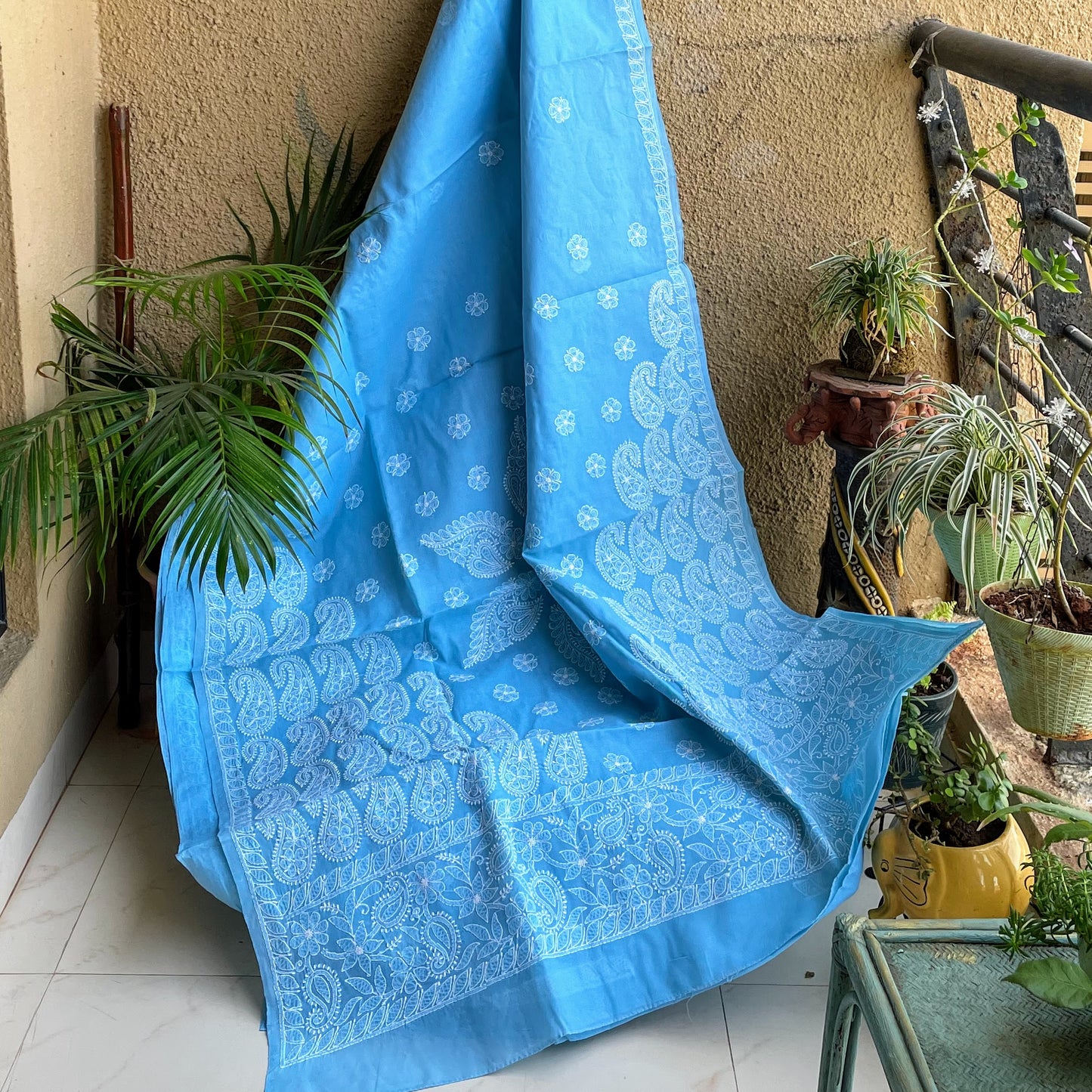 Blue chikankari cotton saree