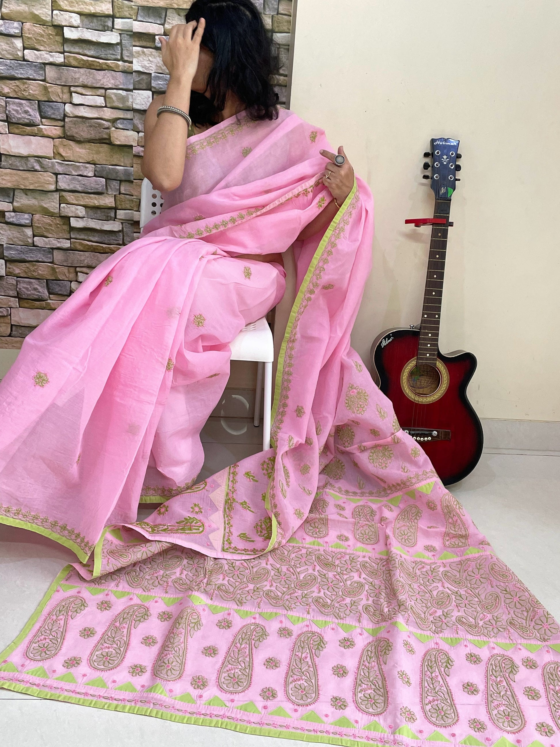 Pink Green chikankari cotton