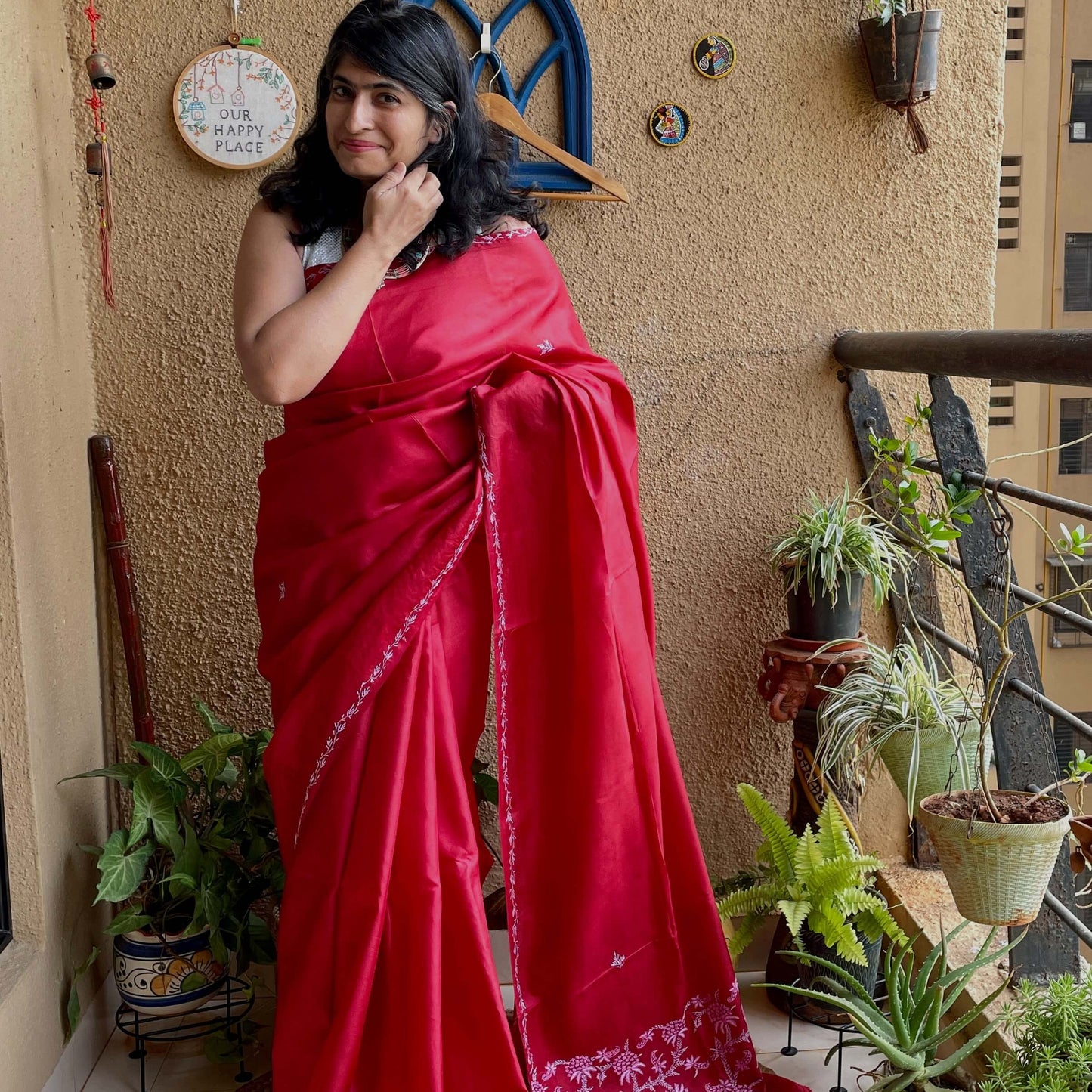 Maroon Silk Sozni Saree from Kashmir