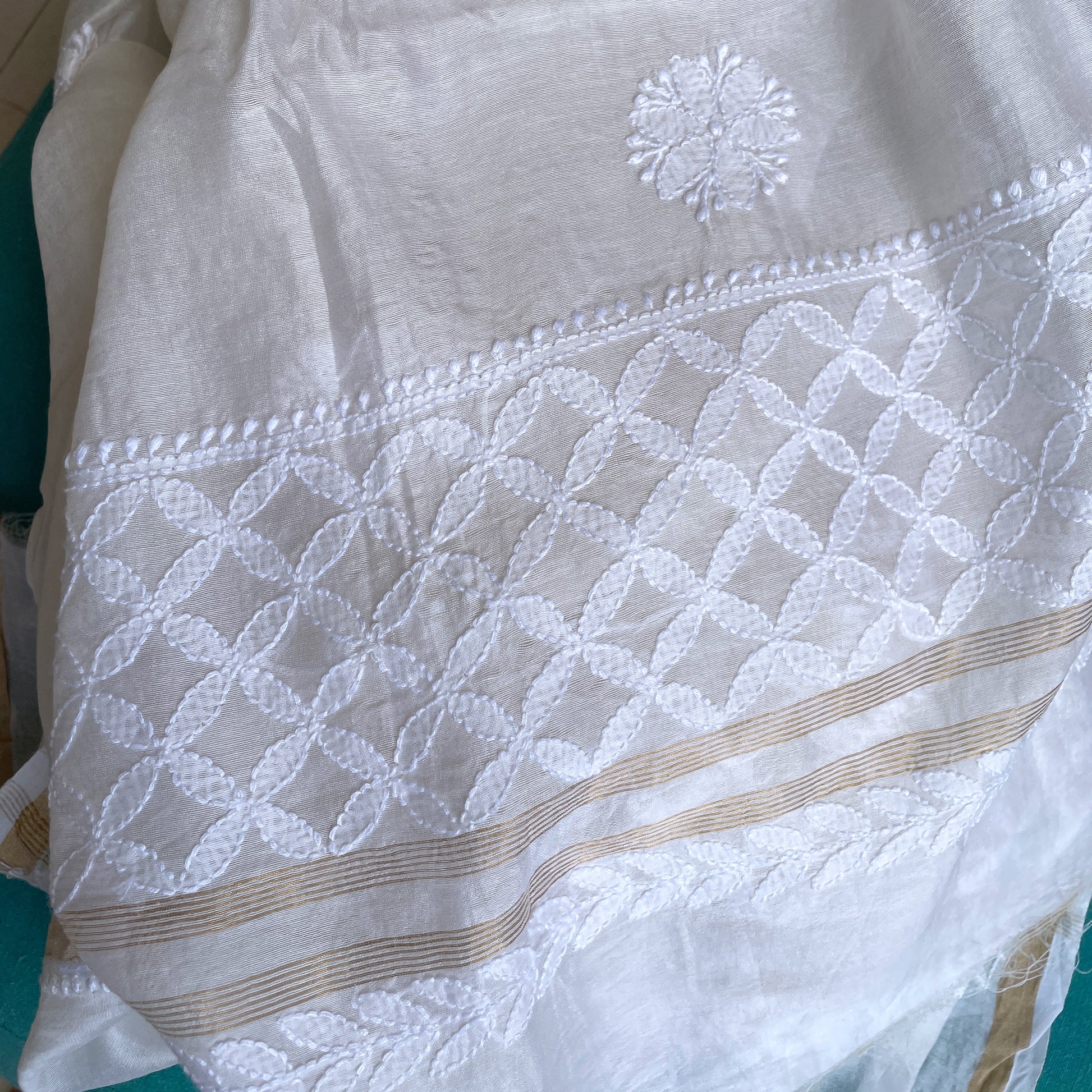 off White Chanderi Chikankari Dupatta