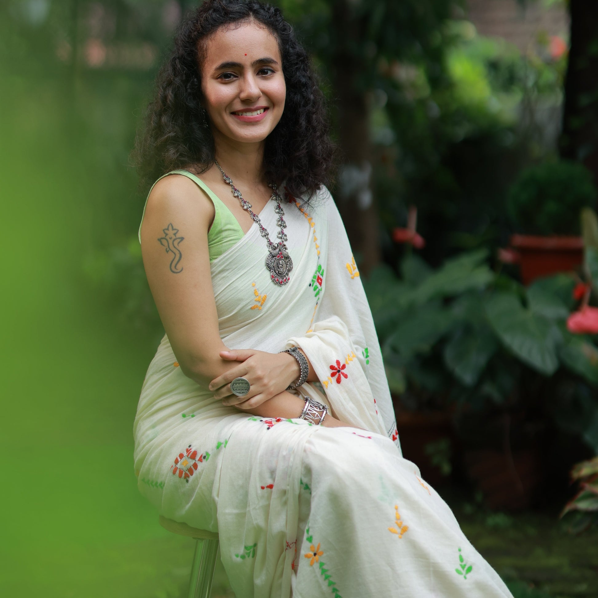 White cotton Kantha Stitch saree