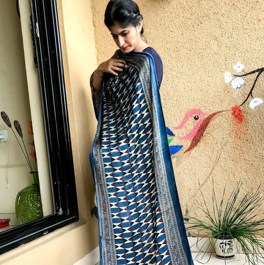 Indigo Ajrakh Stole www.forsarees.com