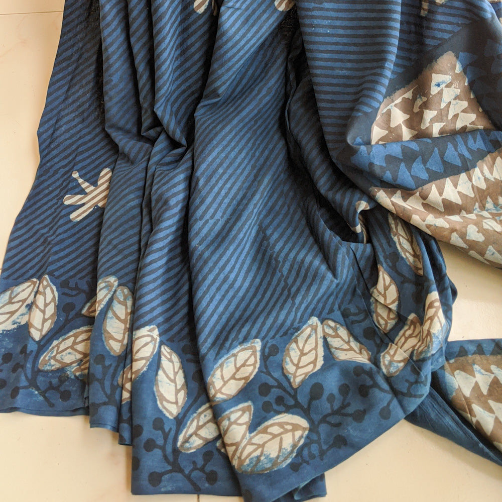 Indigo Blue Cotton Blockprint sari