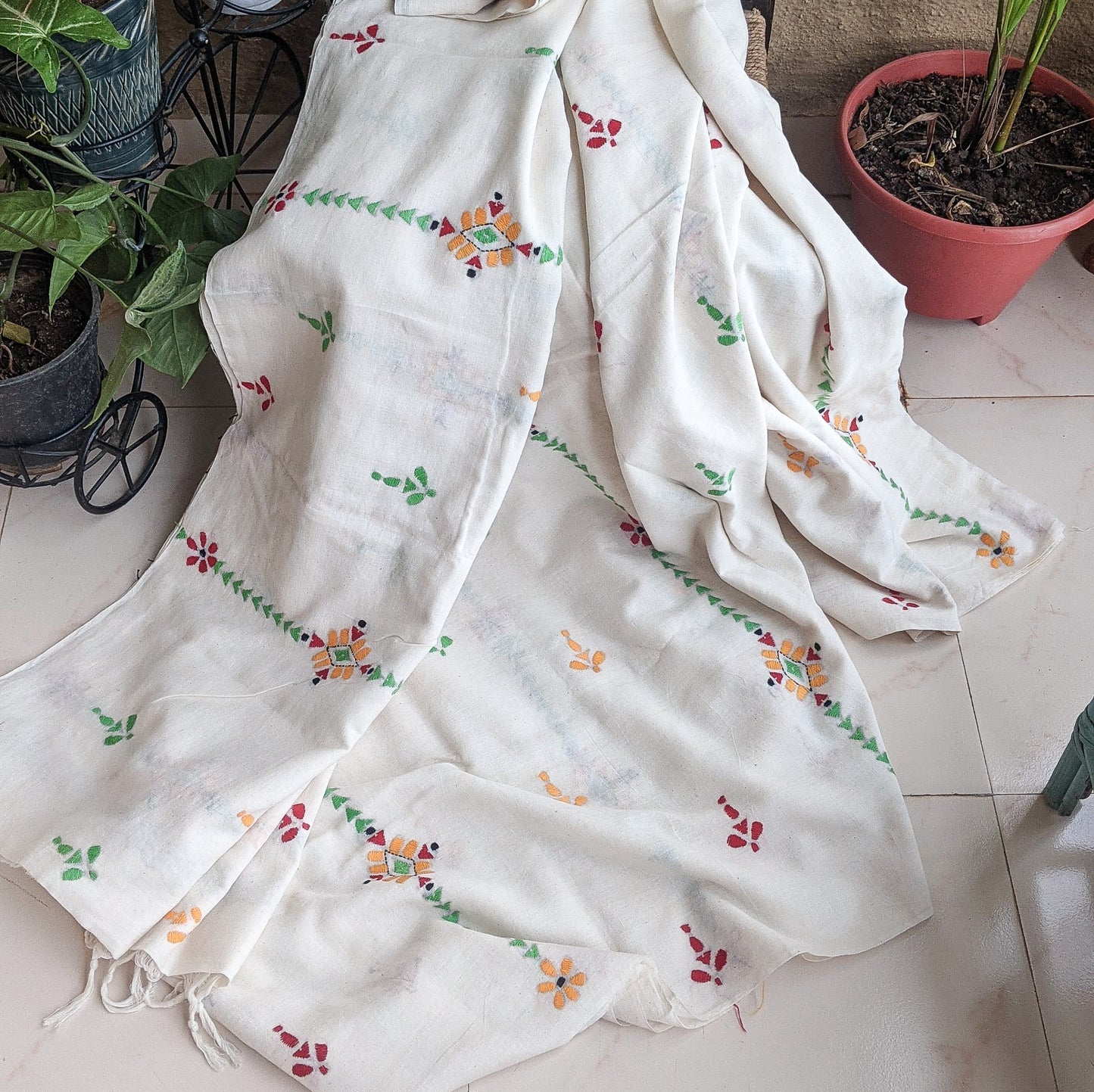 White cotton Kantha Stitch saree
