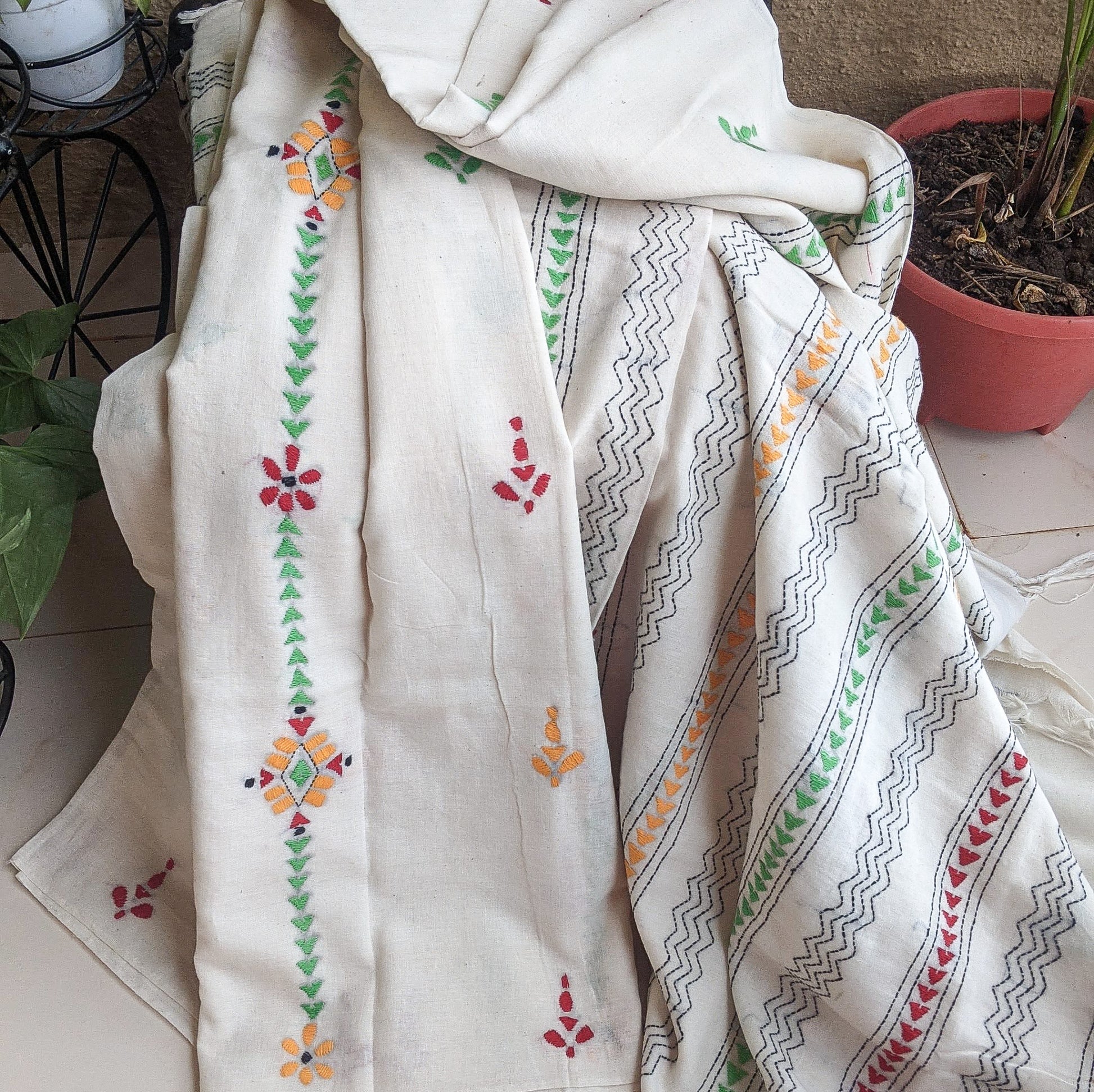White cotton Kantha Stitch saree