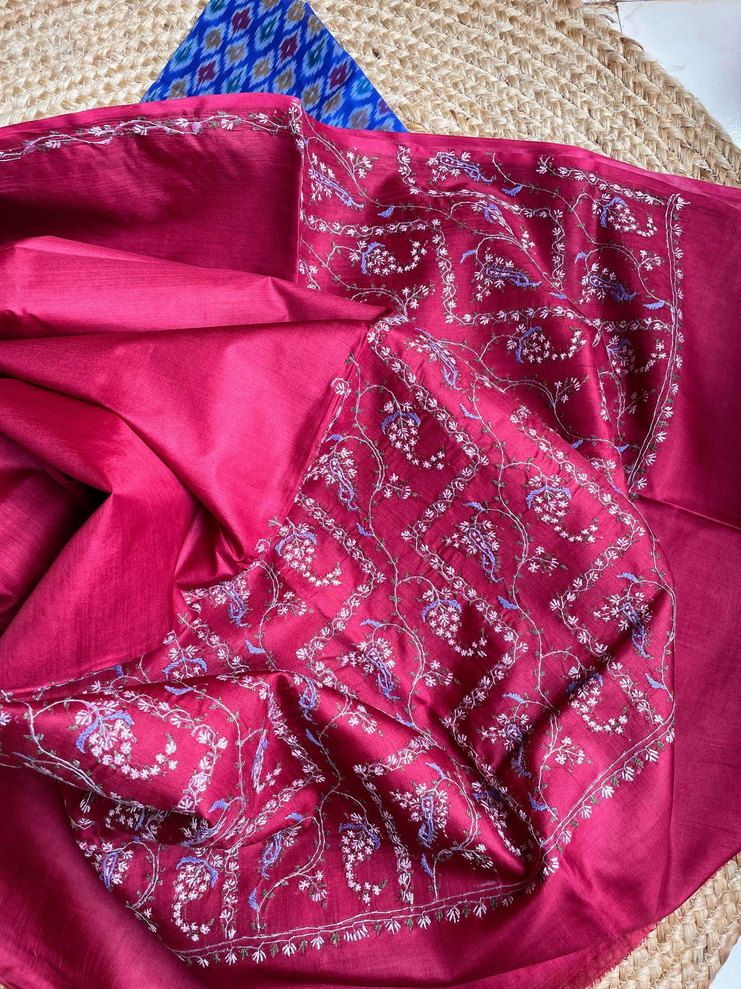 Maroon Silk Sozni Saree from Kashmir