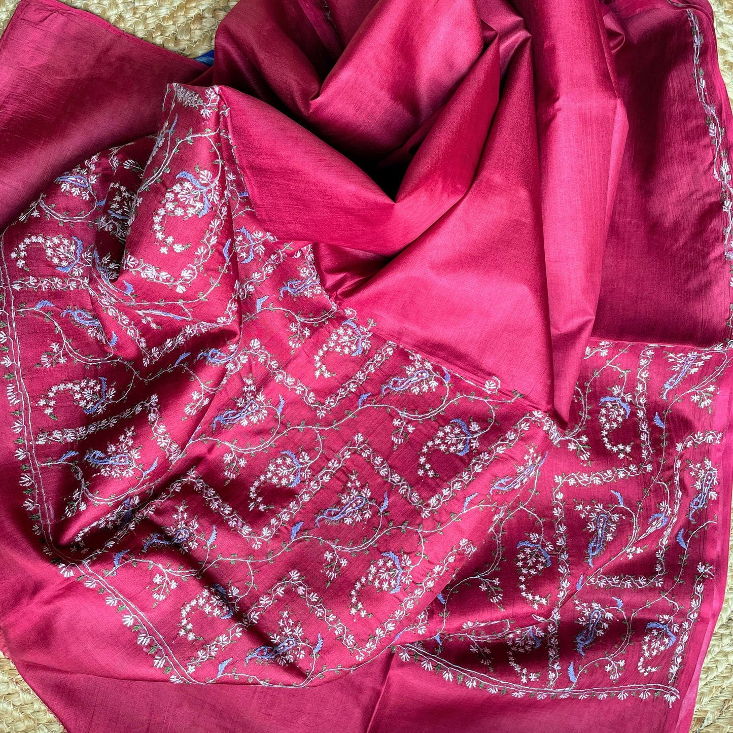 Maroon Silk Sozni Saree from Kashmir