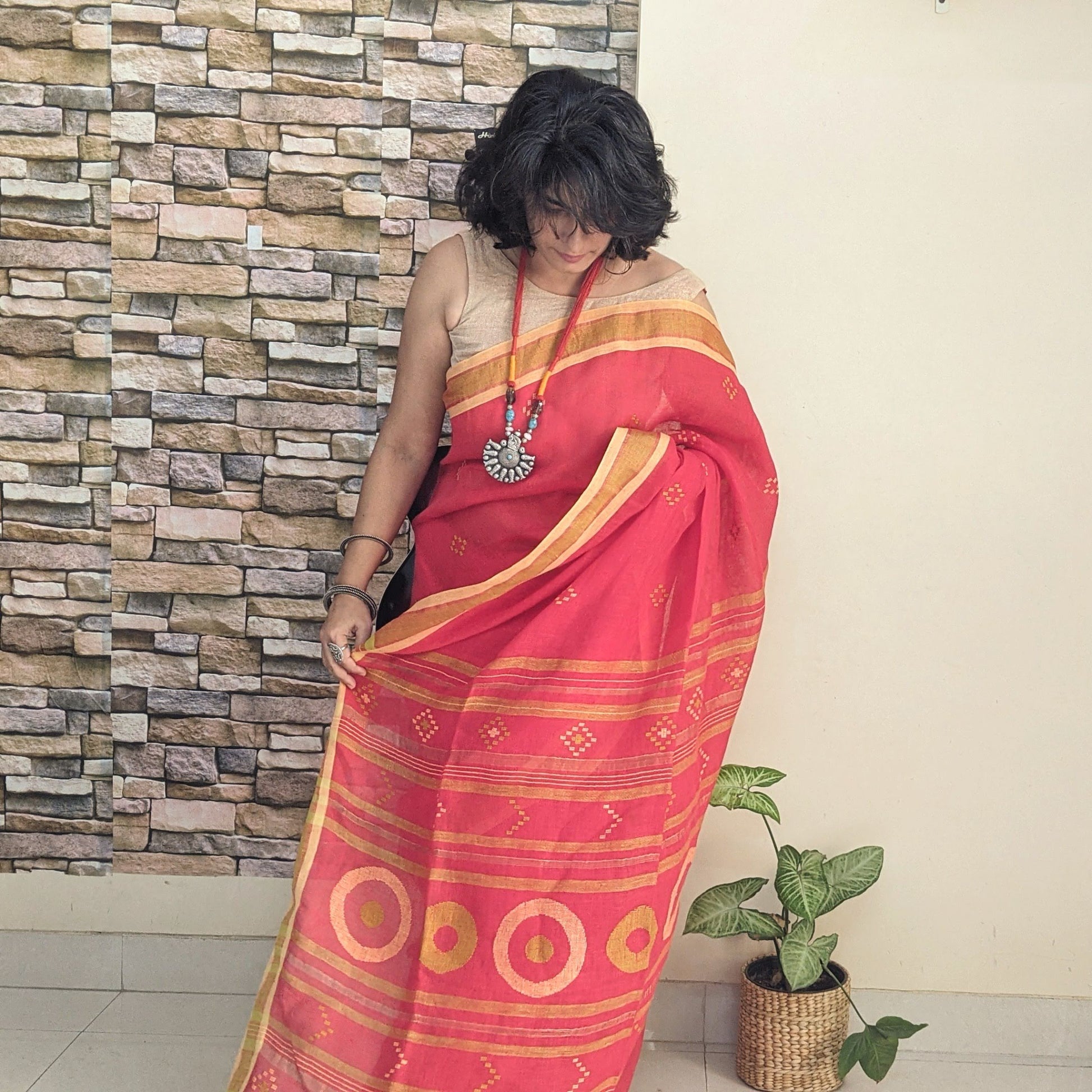Red Linen Jamdani