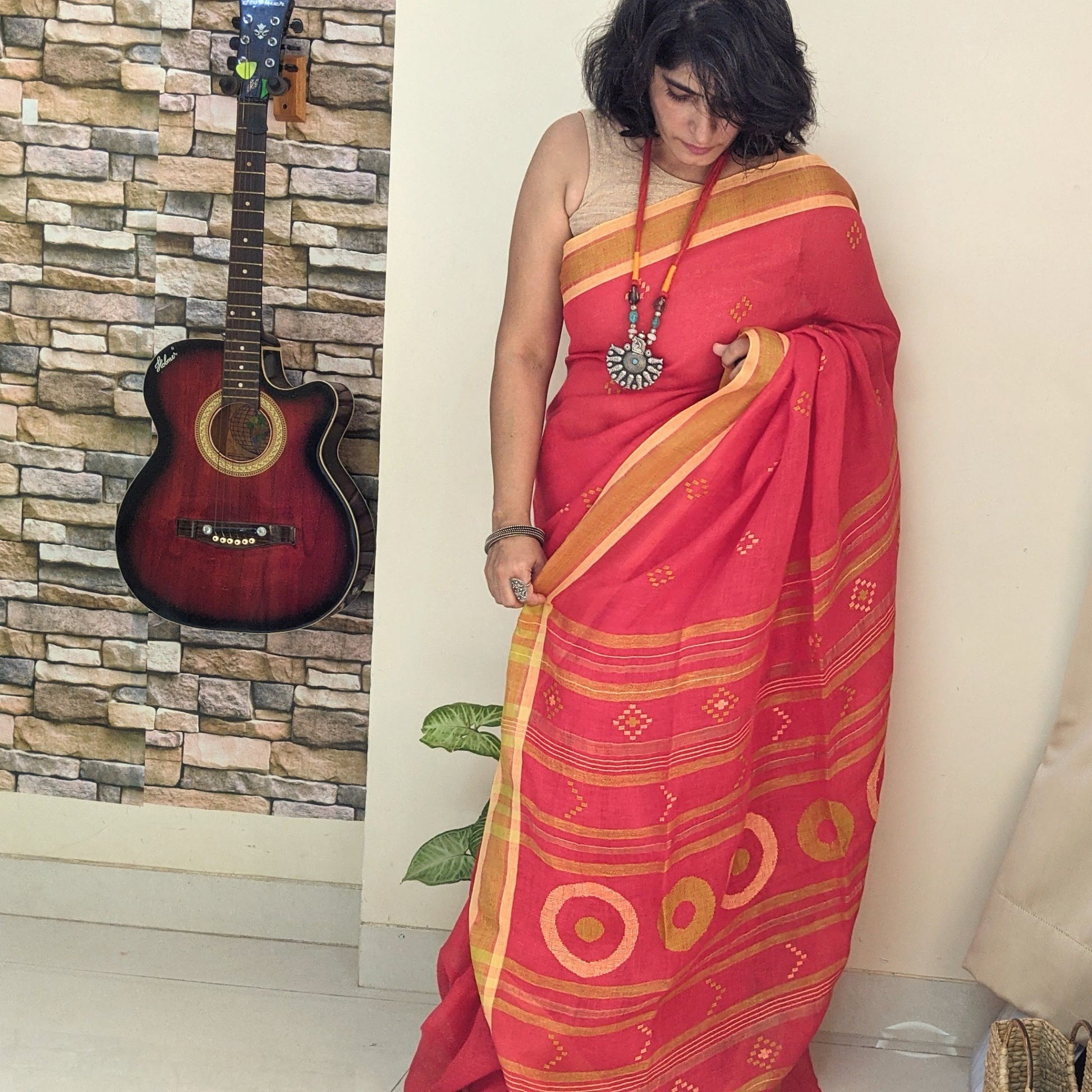 Red Linen Jamdani