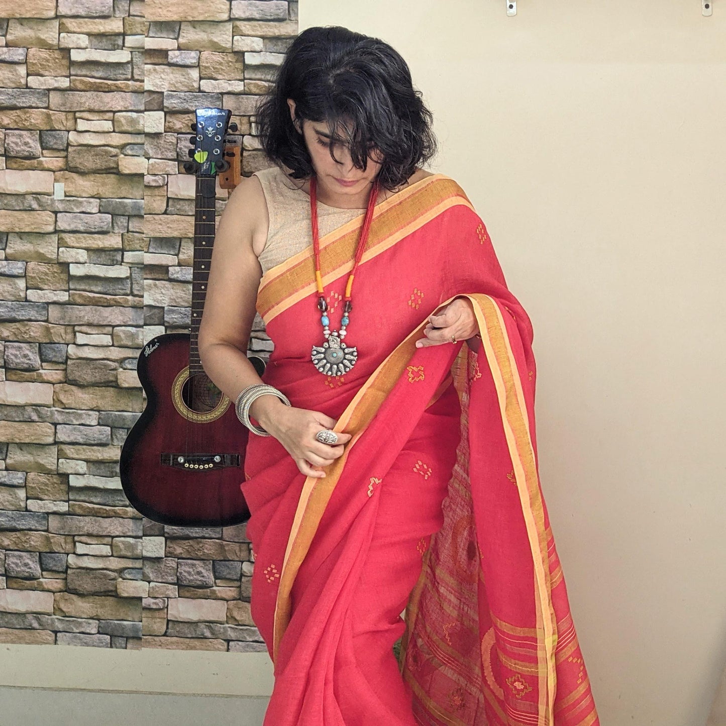 Red Linen Jamdani